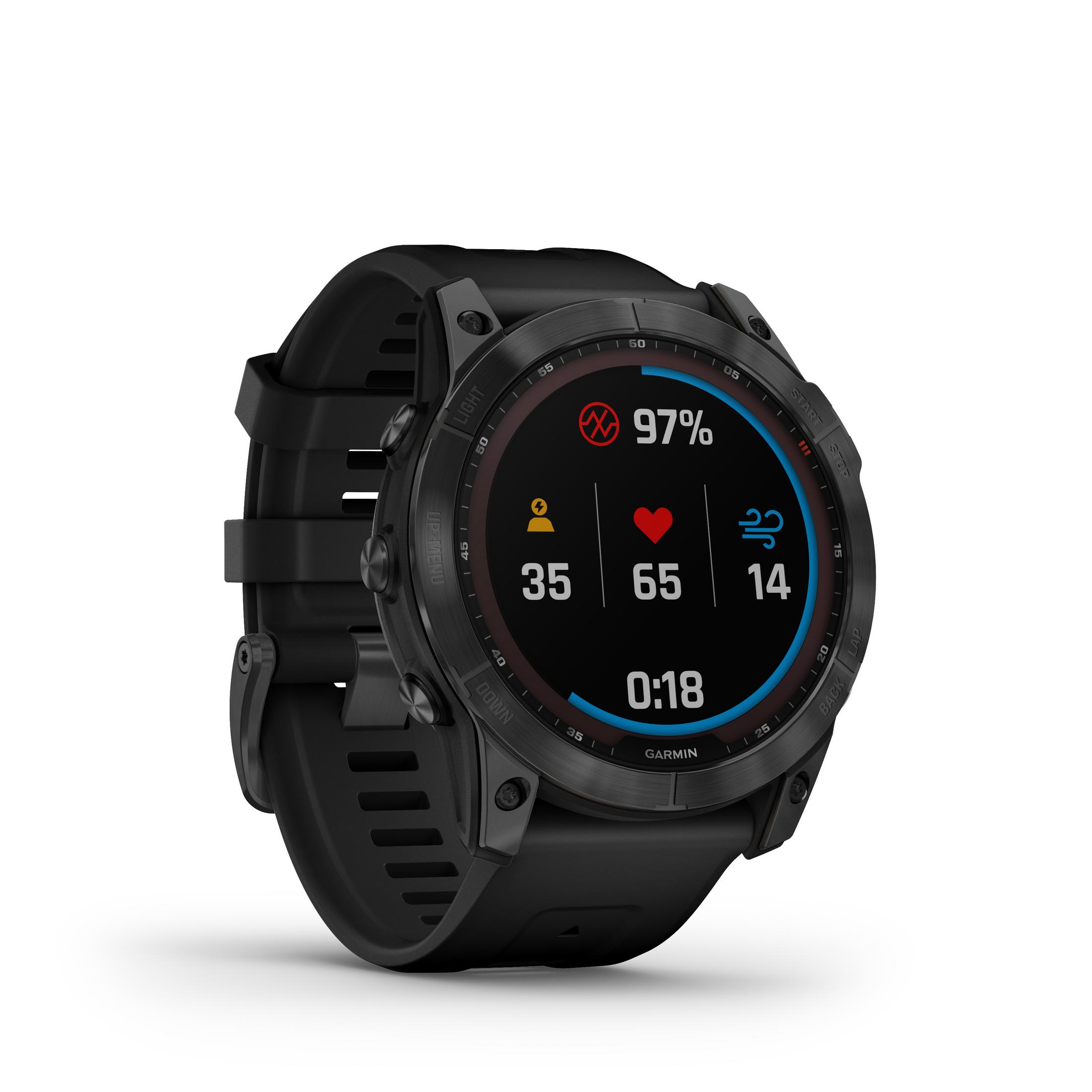 Schwarze Smartwatch zeigt Gesundheitsmetriken: Herzfrequenz, 97 % Akku und Wetter. Zeigt die Uhrzeit.