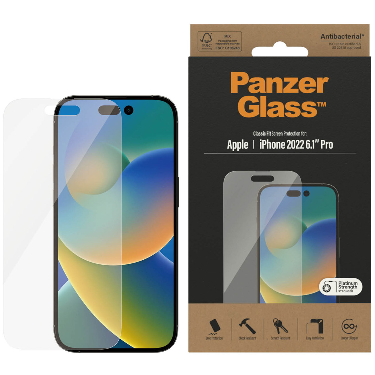 Opakowanie ochraniacza ekranu PanzerGlass do iPhone Pro, z pokazanym ochraniaczem.