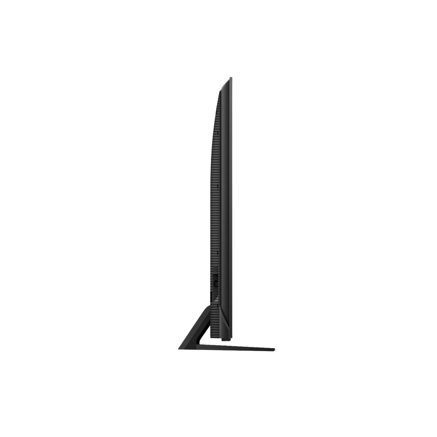 Widok z boku cienkiego, czarnego telewizora. Czarne tło. Ekran jest wyłączony.