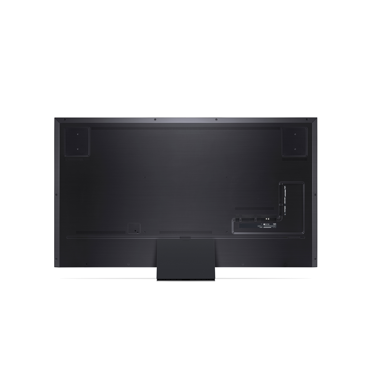 Tył dużego czarnego ekranu telewizora, z portami i punktem mocowania podstawy.