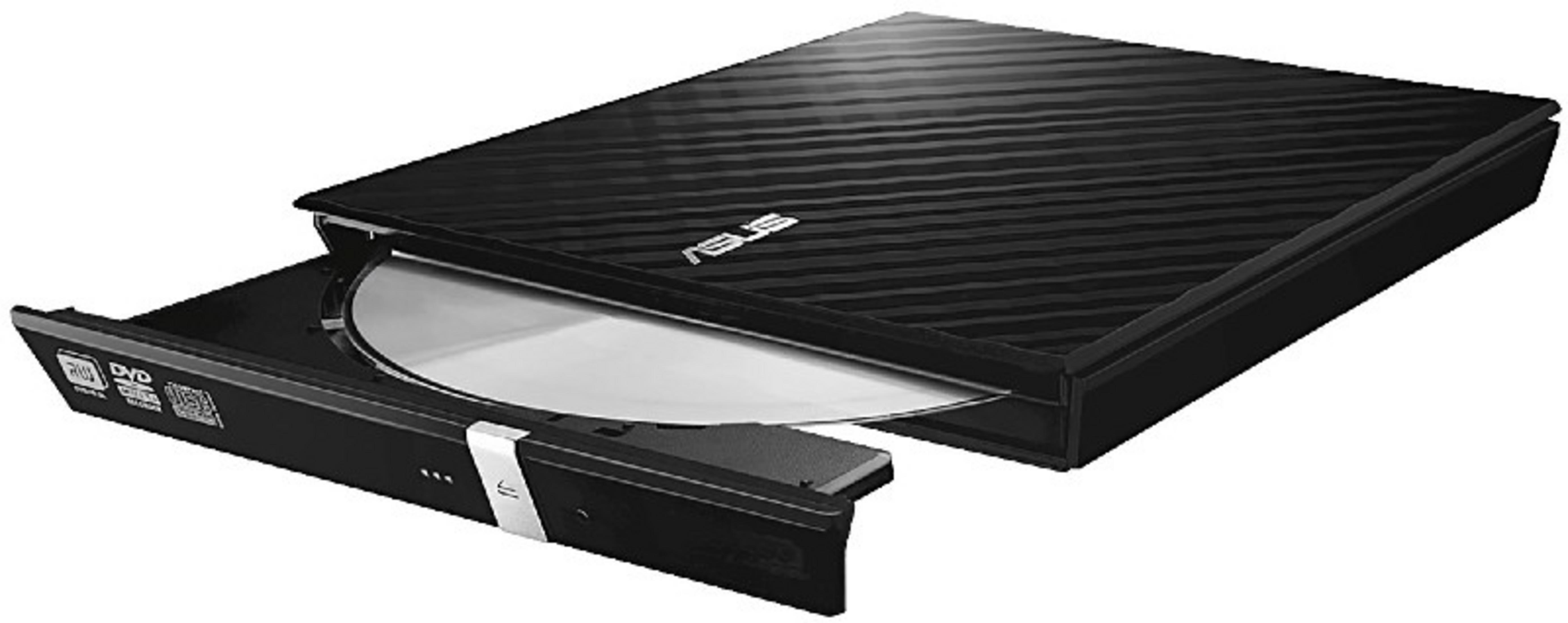 Tepsi açık, içinde bir CD gösteren siyah harici ASUS DVD sürücüsü.