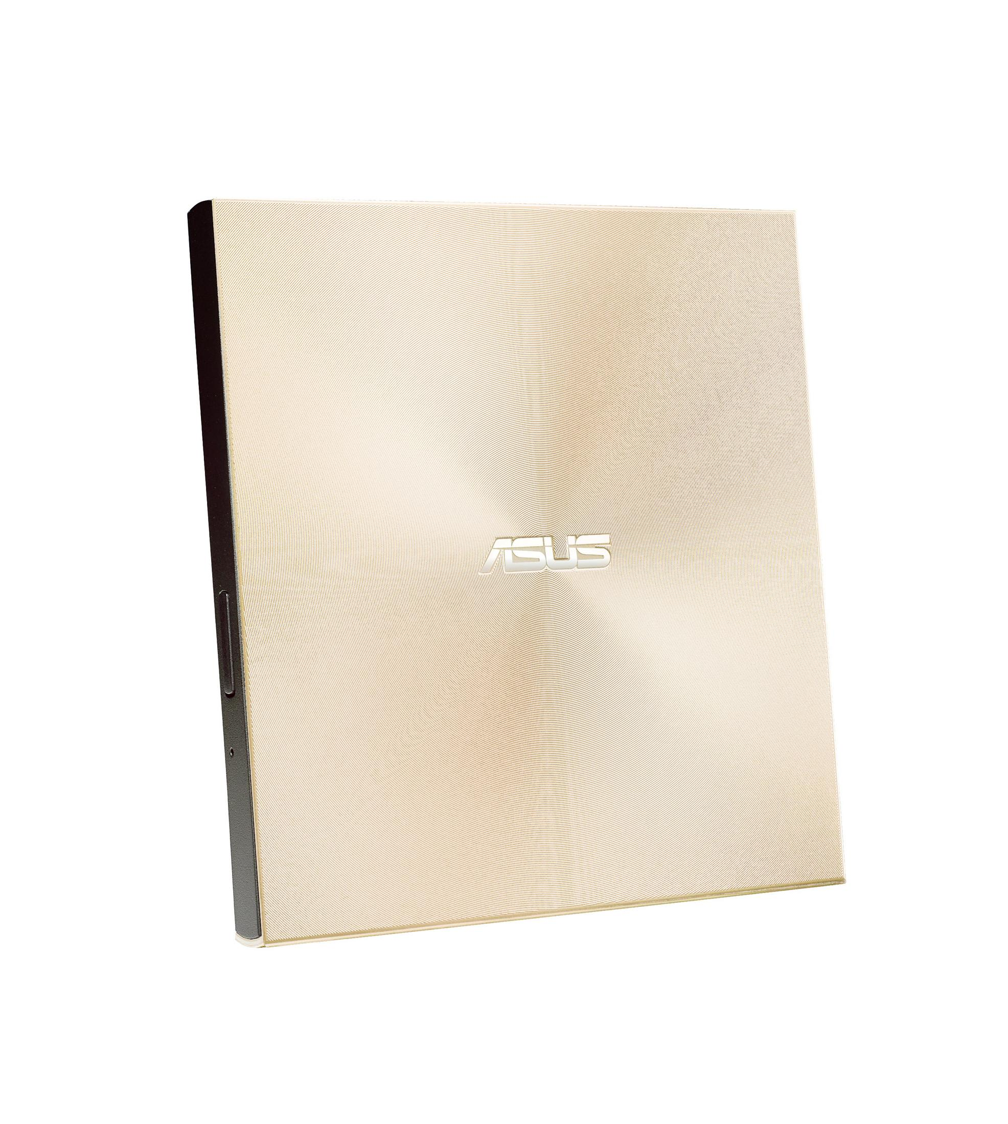 Ein goldfarbenes externes DVD-Laufwerk von ASUS vor weißem Hintergrund. Das ASUS-Logo ist sichtbar.