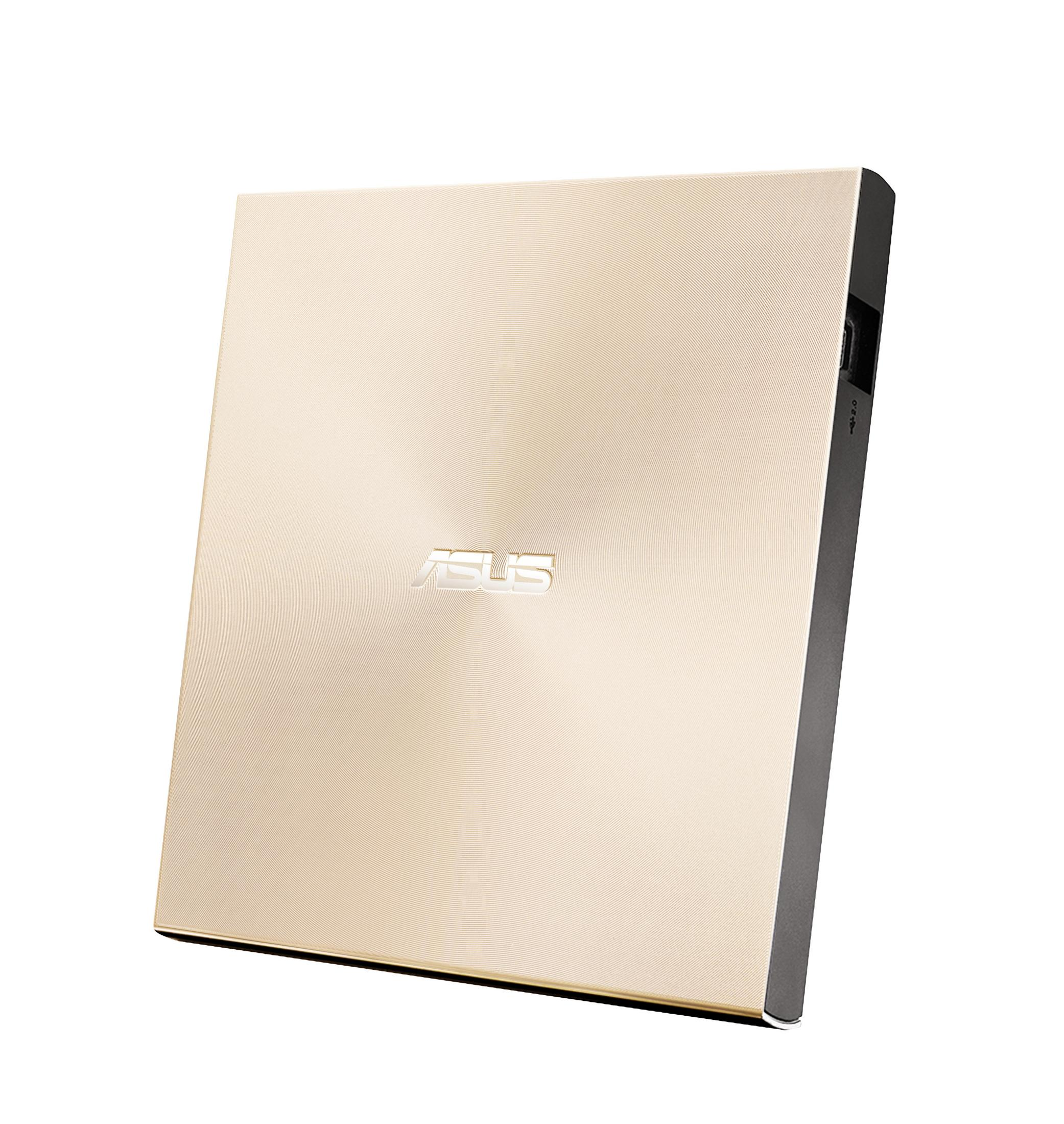 Goldfarbenes externes DVD-Laufwerk von ASUS. Die Oberfläche hat ein kreisförmiges gebürstetes Muster und das ASUS-Logo.