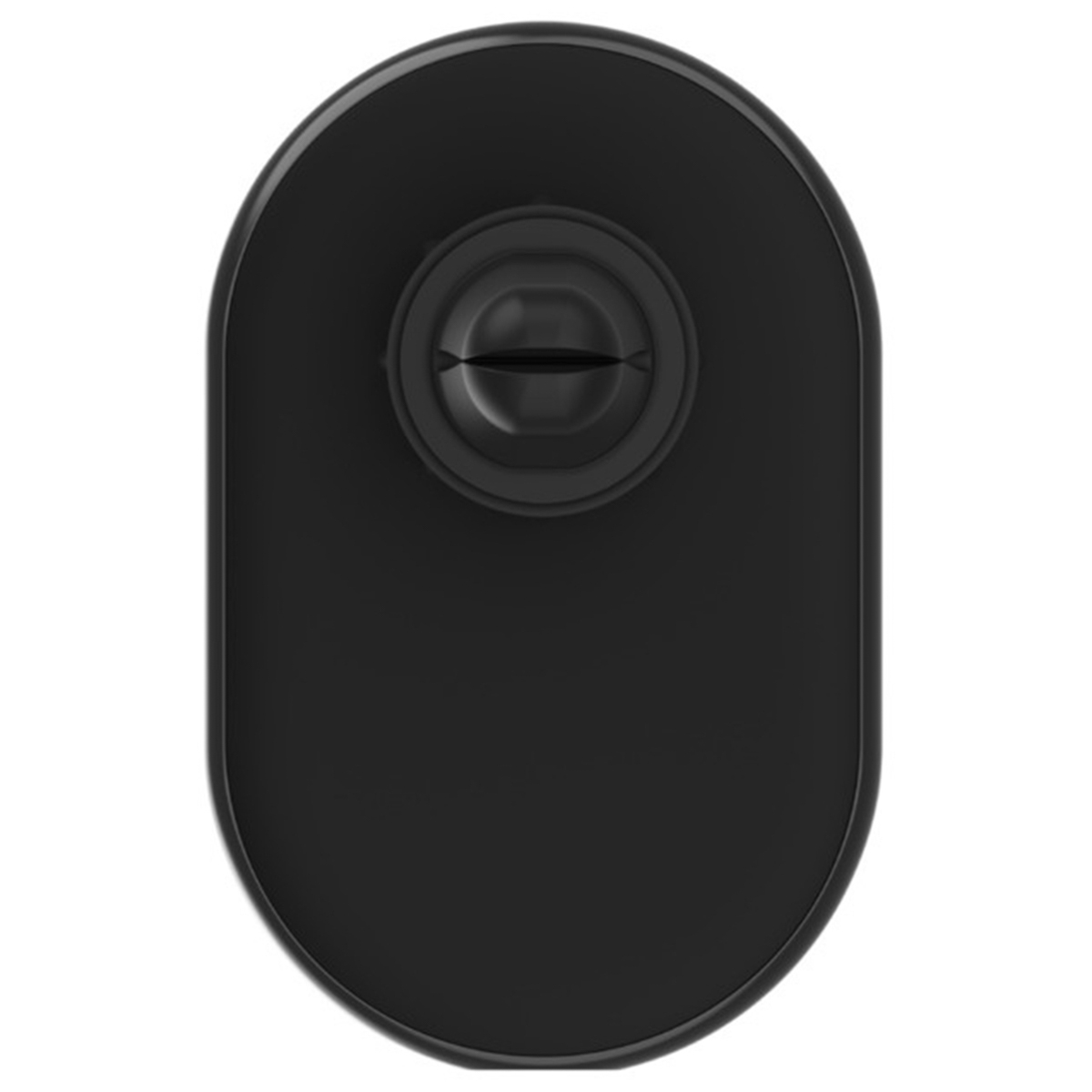 Supporto per telefono nero, di forma ovale, con un attacco circolare centrale.