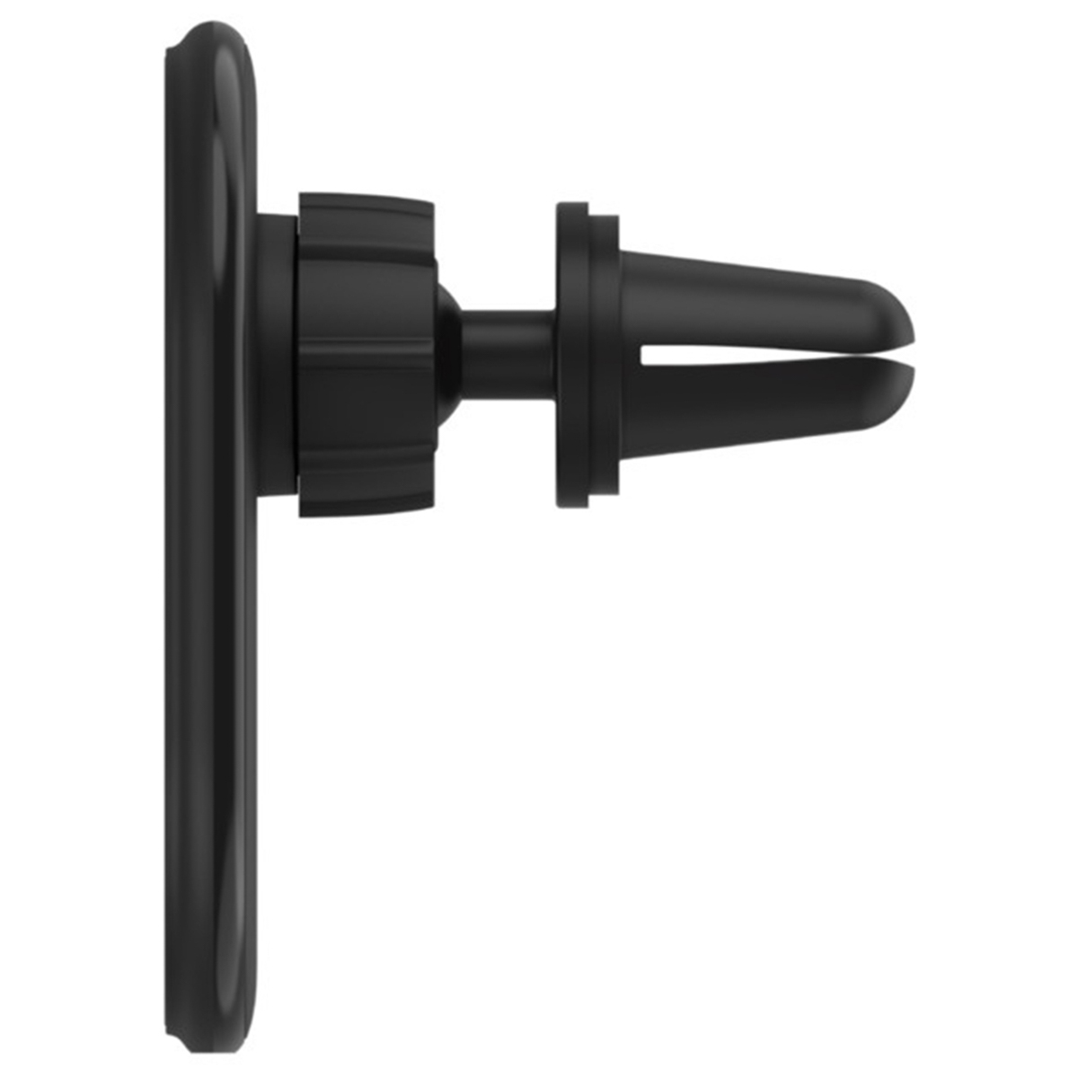 Un supporto nero per bocchette d'aria con cuscinetto magnetico e snodo sferico su sfondo neutro.