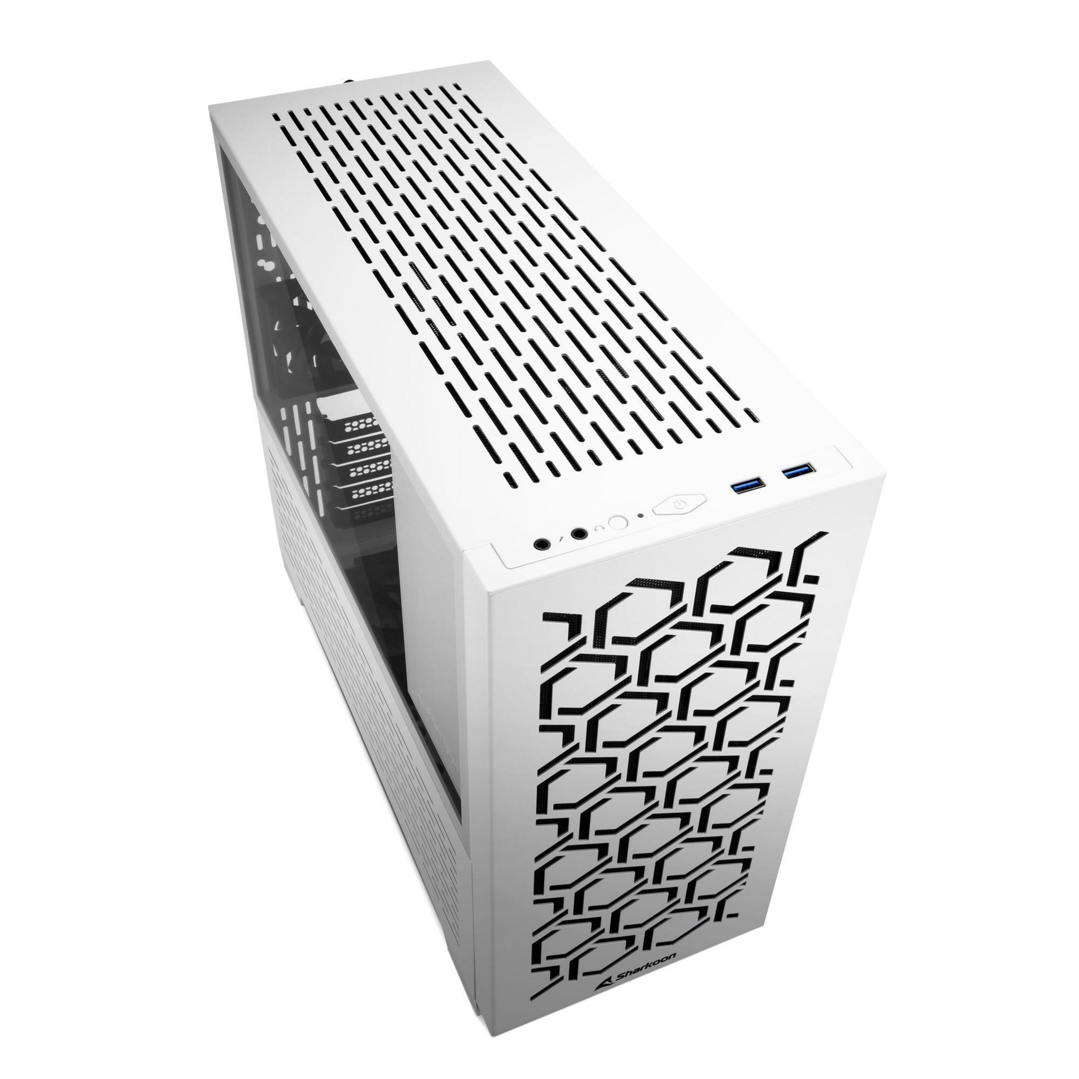 Un case per computer bianco con un frontale a rete e un pannello laterale trasparente, angolato dall'alto.