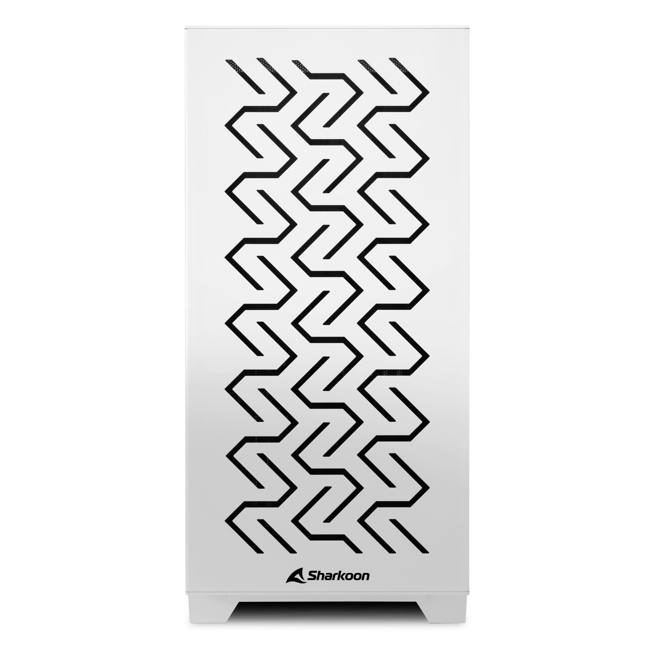Weiße Computergehäusefront mit schwarzem geometrischem Muster und Sharkoon-Logo unten.