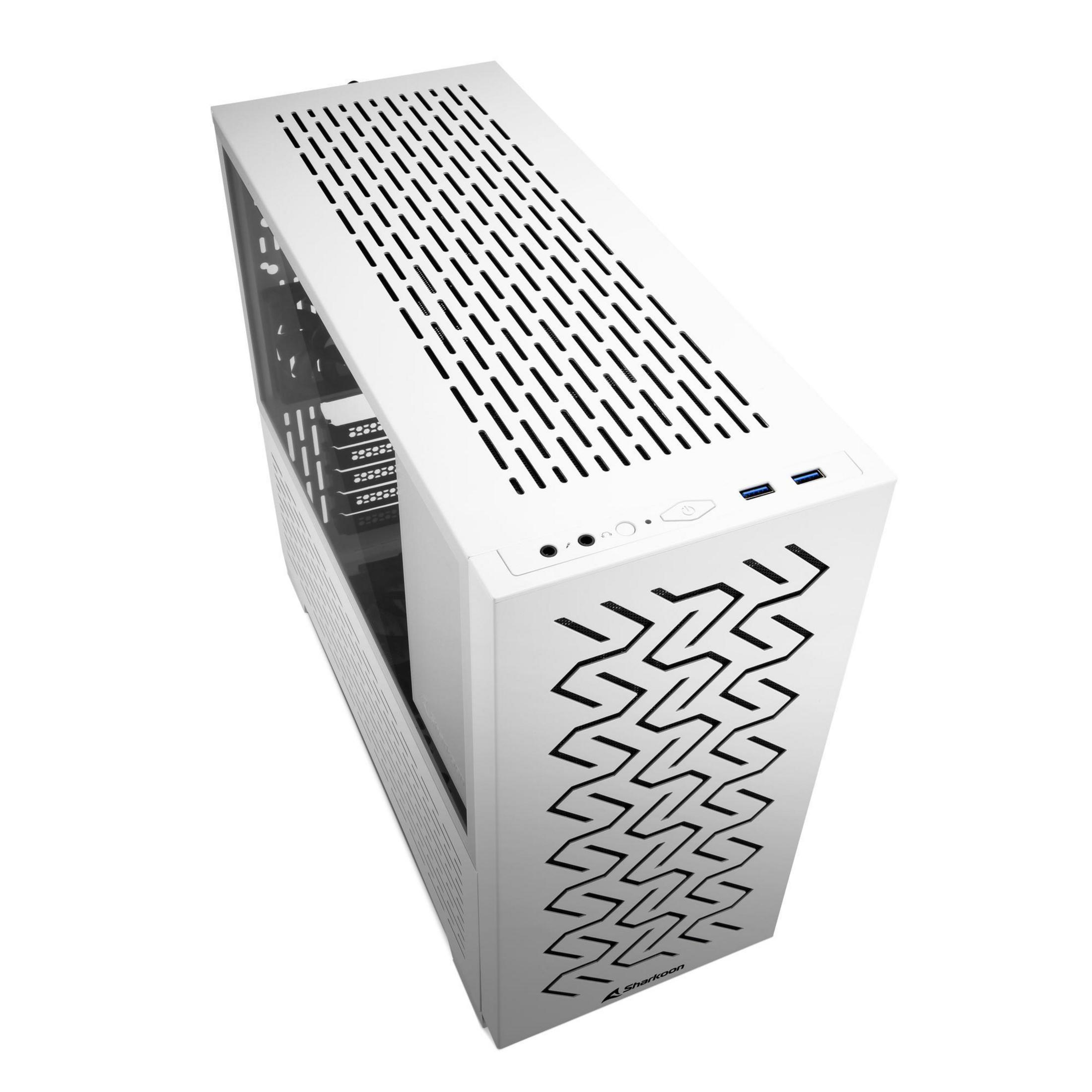 Ein weißes Computergehäuse mit einem Mesh-Top und einer gemusterten Frontplatte, schräge Ansicht.