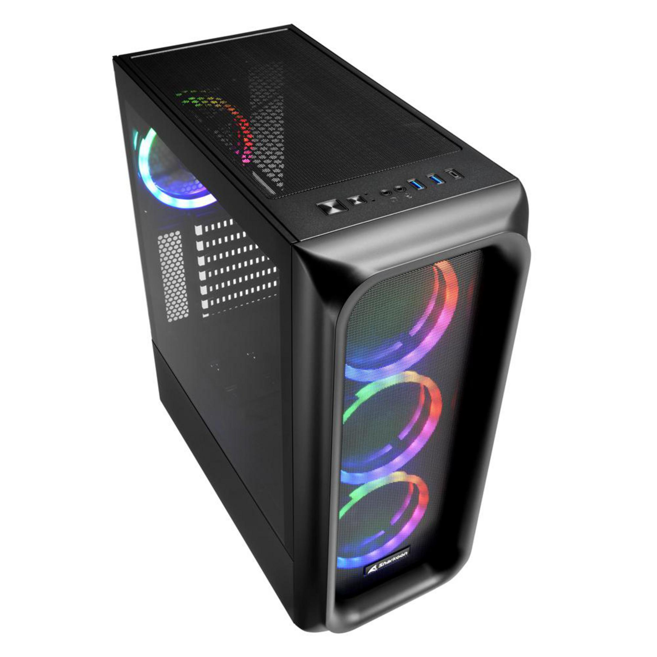 Czarna obudowa komputera ze światłami RGB za panelem przednim. Obudowa ma siatkową górę.