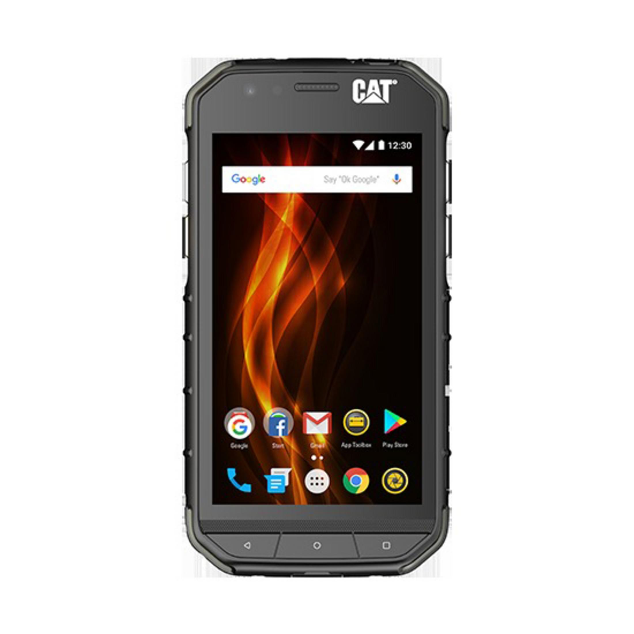Schwarzes CAT-Telefon mit Google, Google Maps und anderen Apps auf dem Display.