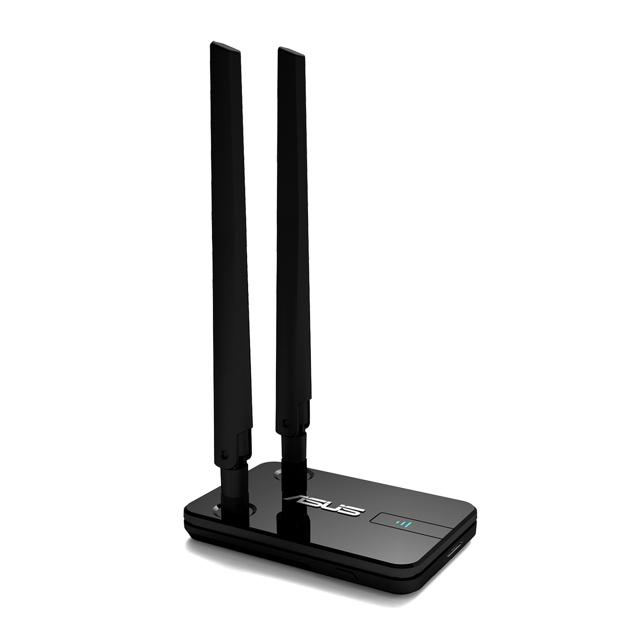 Zwarte ASUS draadloze router met twee antennes op een witte achtergrond.