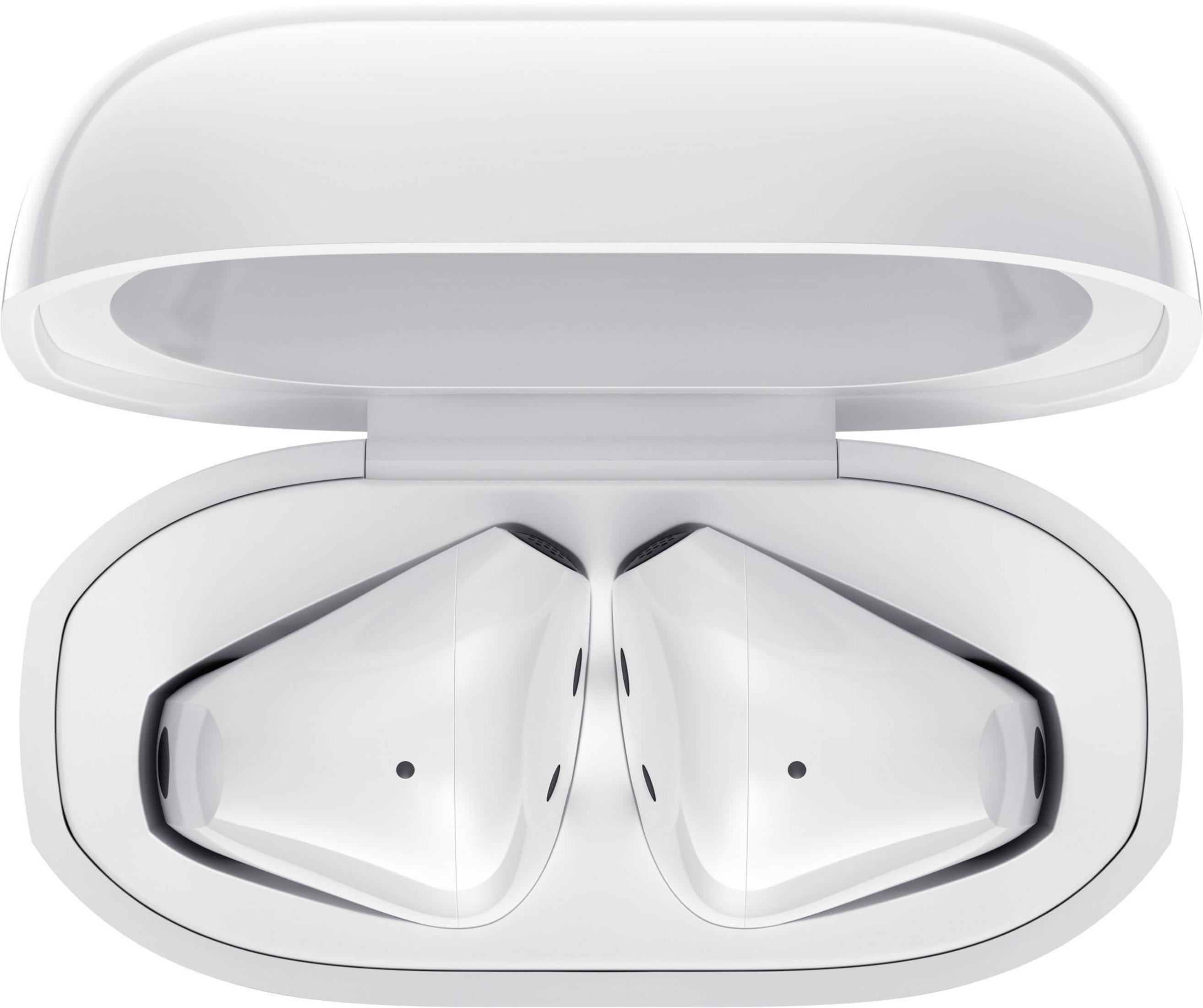 Auriculares blancos dentro de un estuche de carga blanco abierto. Fondo blanco.