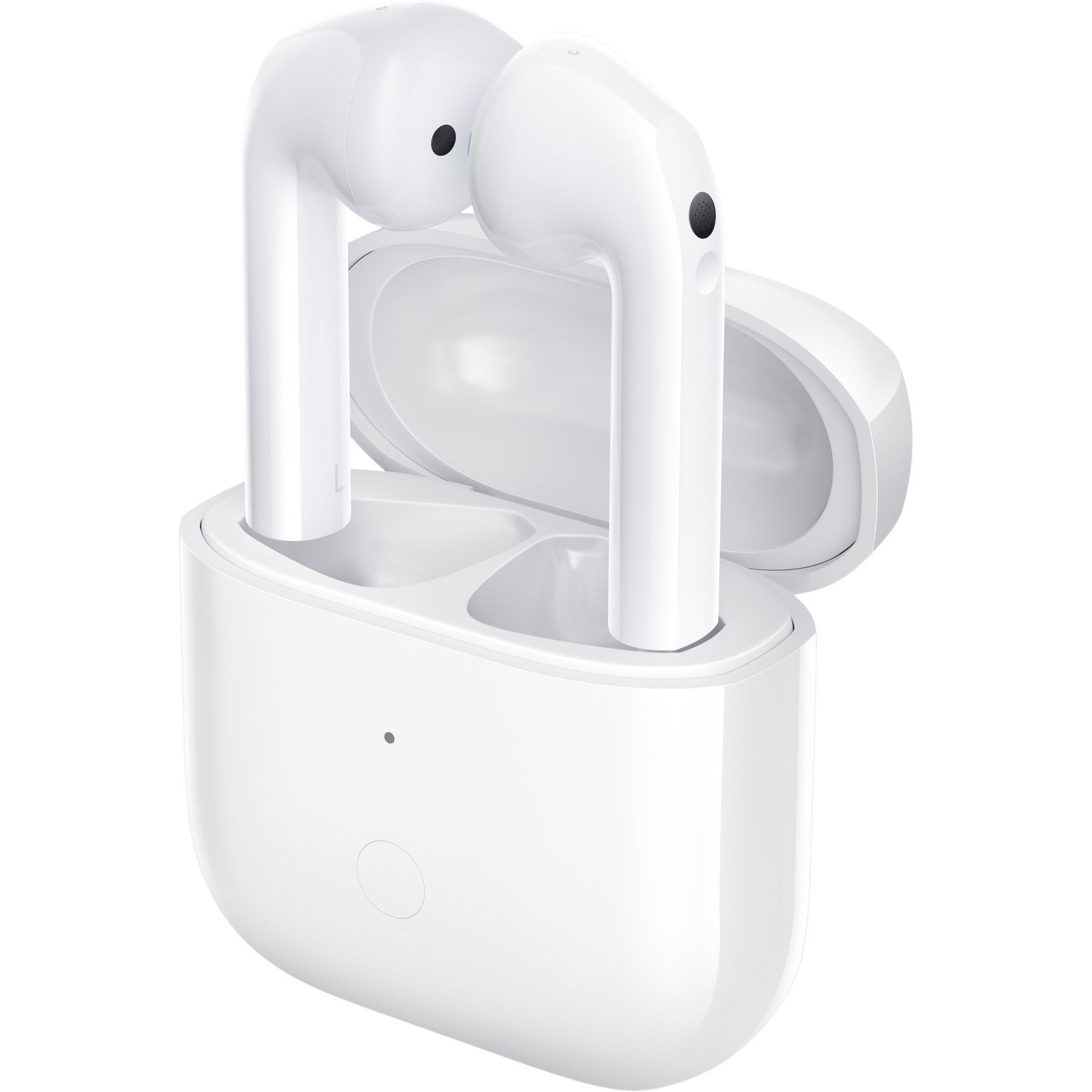 Auriculares inalámbricos blancos con la funda abierta, sobre fondo negro.