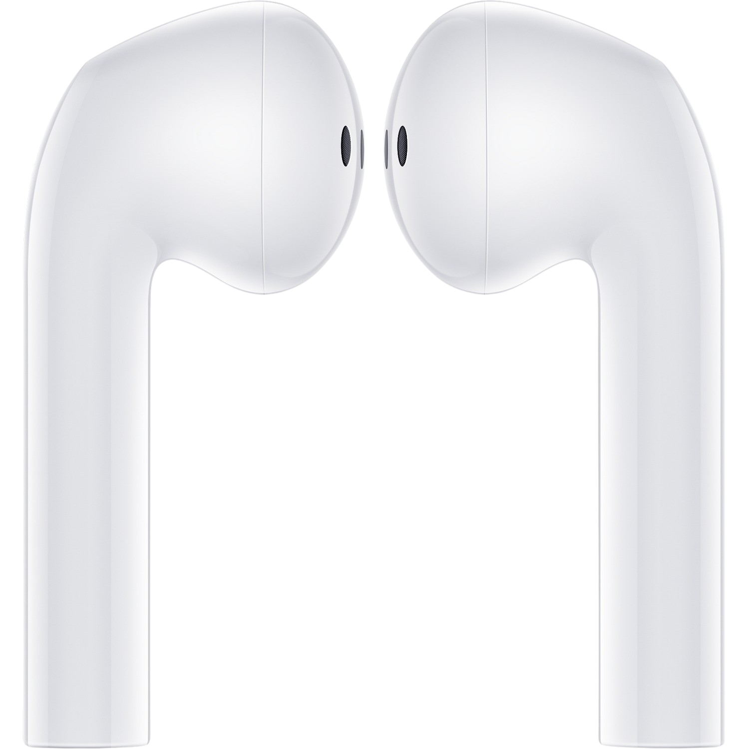 Dos auriculares inalámbricos blancos, cada uno con un punto negro, uno frente al otro sobre blanco.