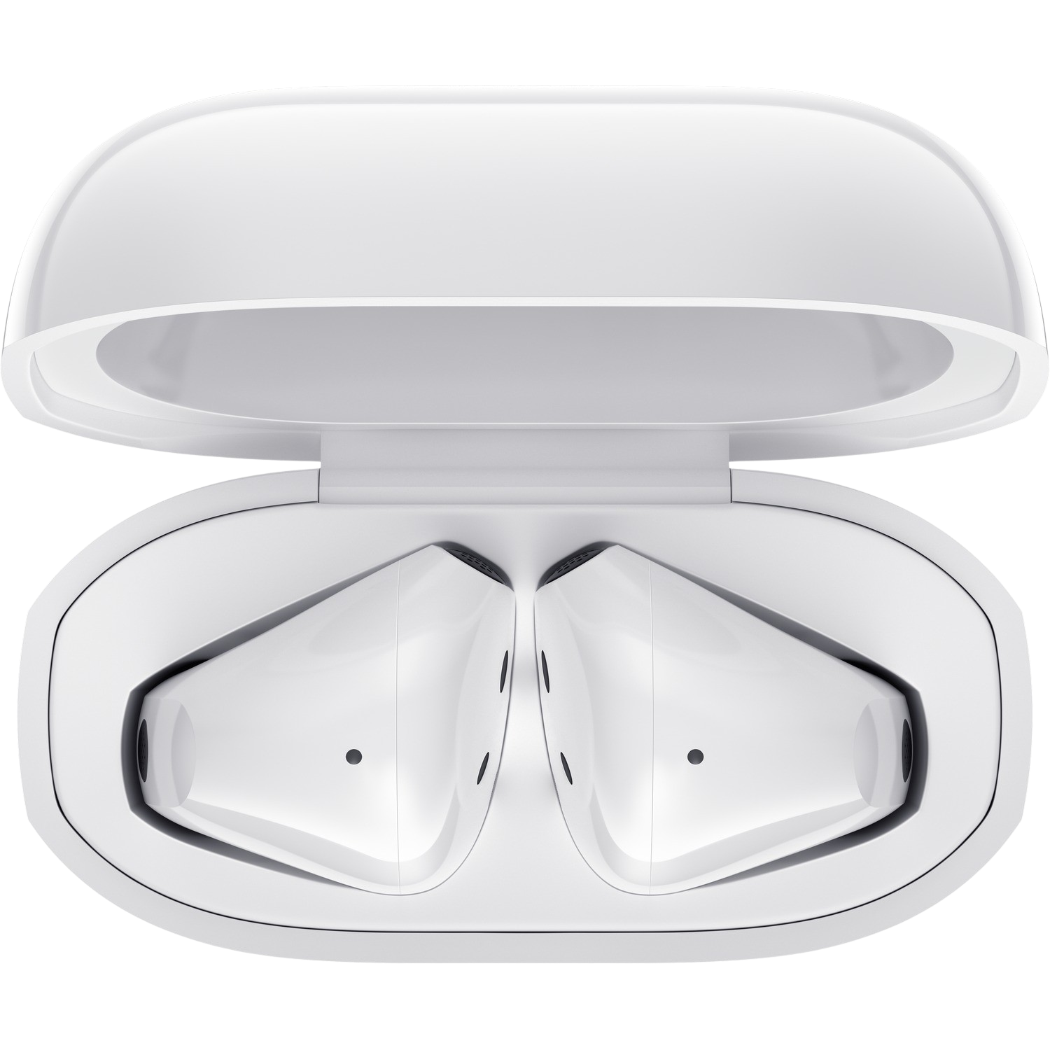 Auriculares blancos en un estuche de carga abierto.