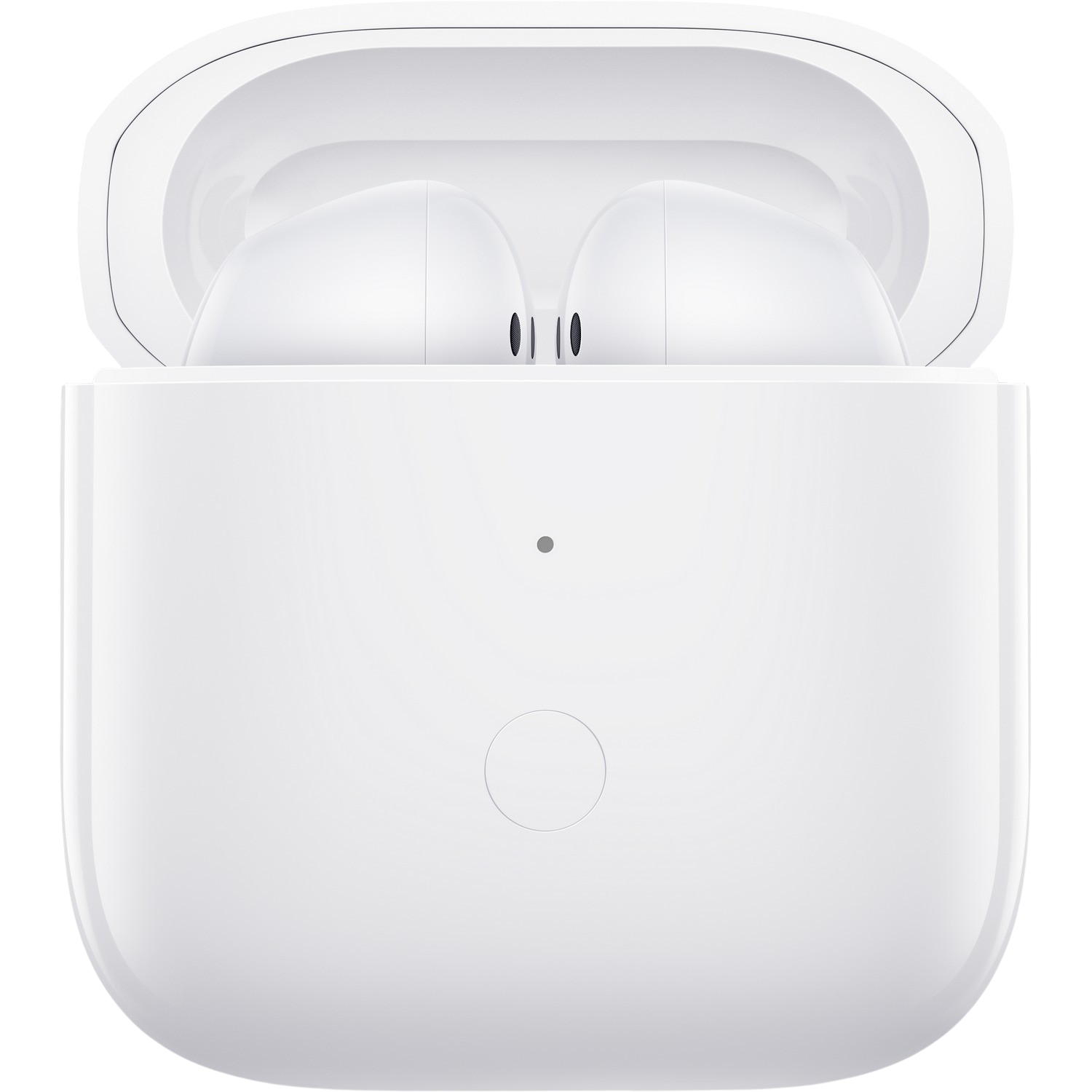 Estuche blanco para auriculares con tapa abierta y dos auriculares blancos dentro. Diseño minimalista.