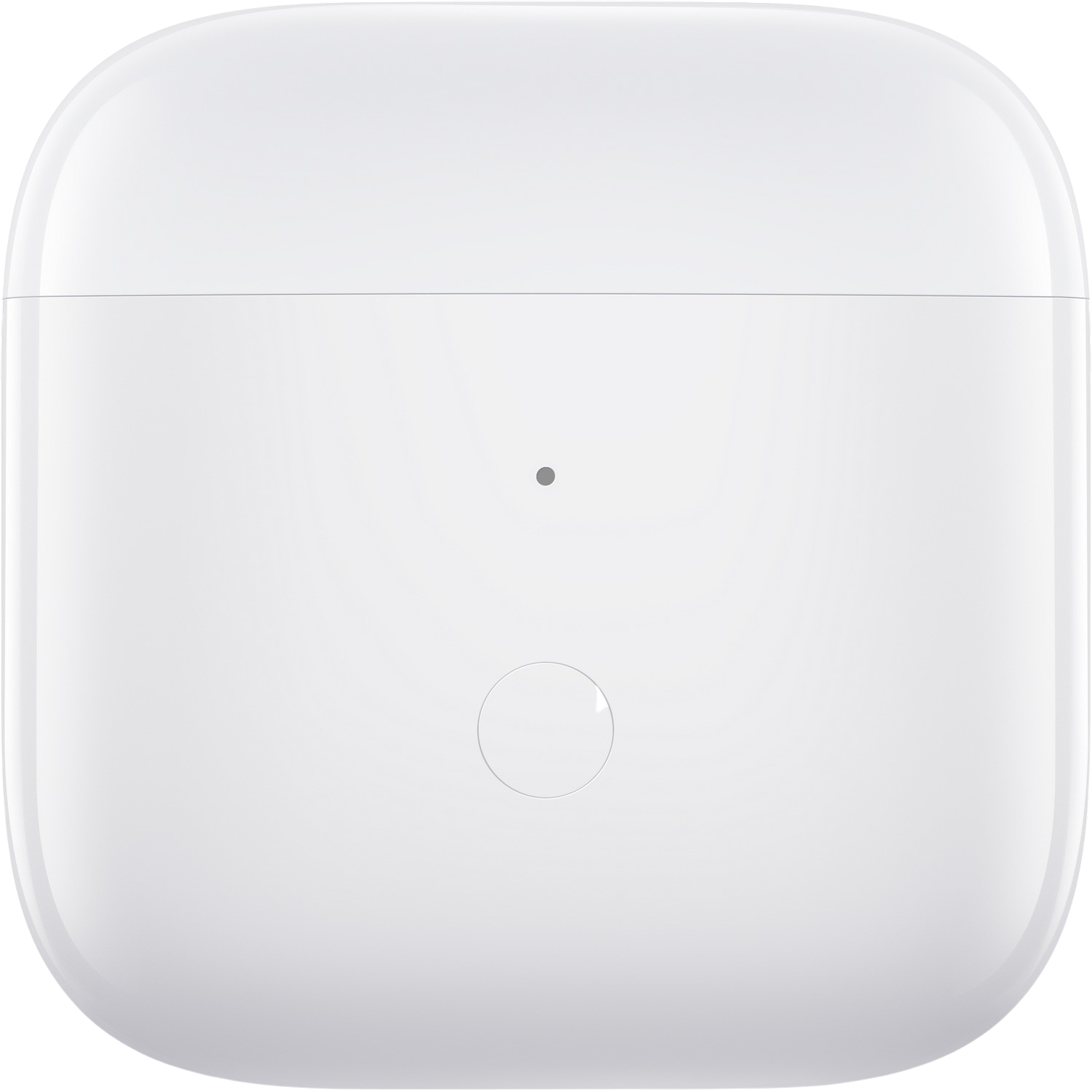 Estuche de carga blanco para auriculares. Tiene un botón redondo y una pequeña luz de carga.