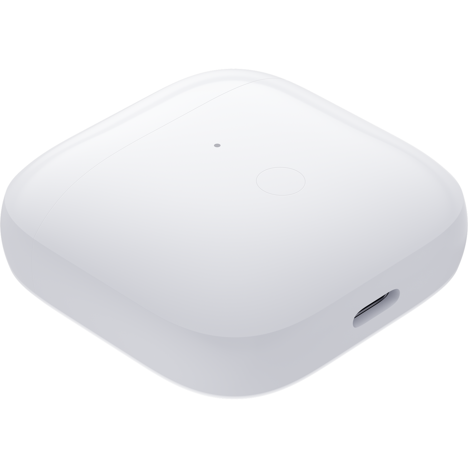 Dispositivo blanco, cuadrado con la parte superior redondeada. Tiene un pequeño agujero en la parte superior y un puerto USB-C.