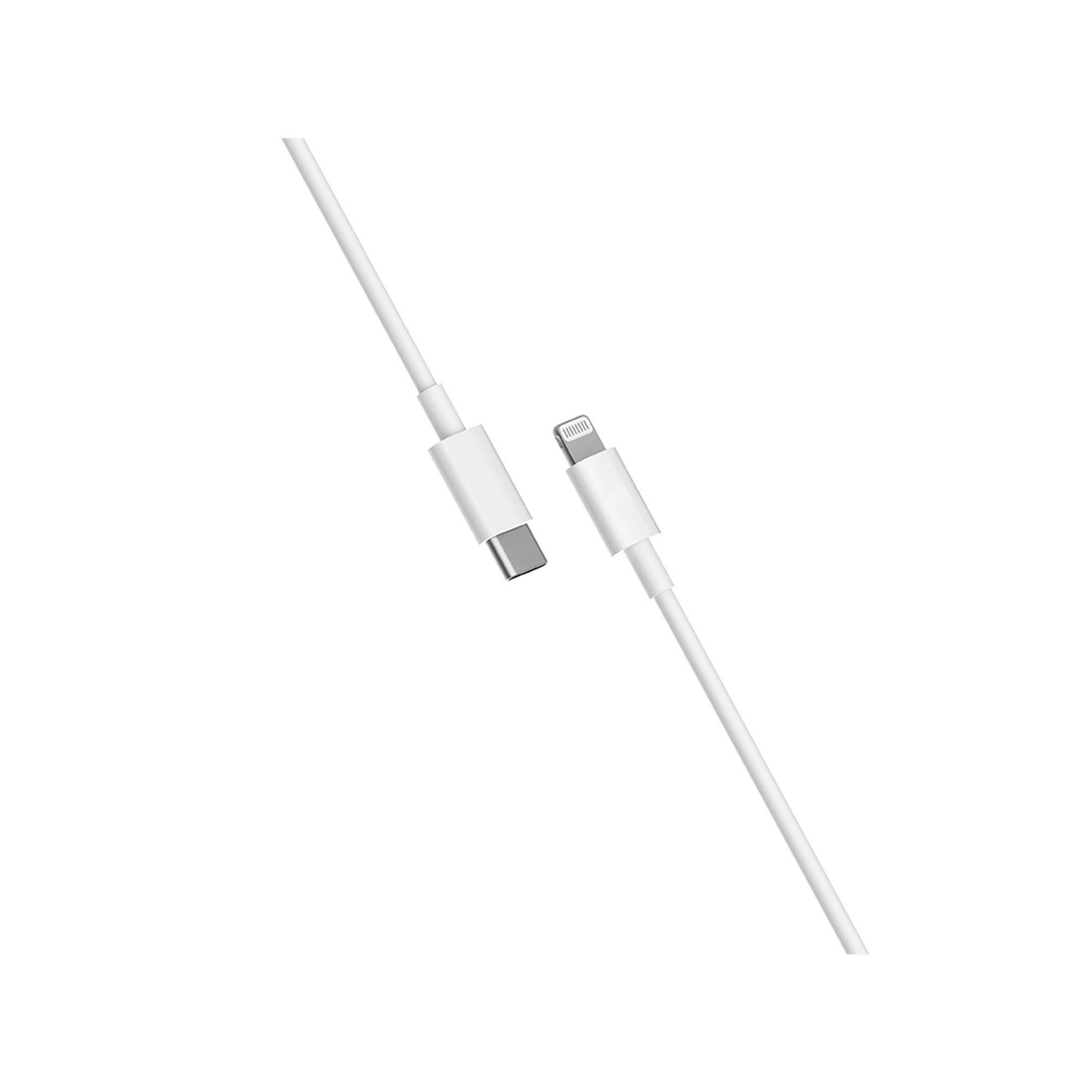 Weißes USB-C-auf-Lightning-Kabel. Die Stecker sind sichtbar, leicht abgewinkelt.