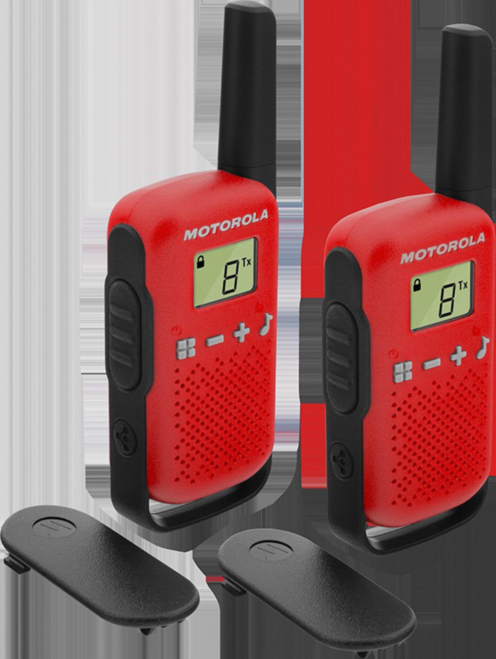 Zwei rote Motorola Walkie-Talkies mit schwarzem Zubehör vor rotem und grauem Hintergrund.