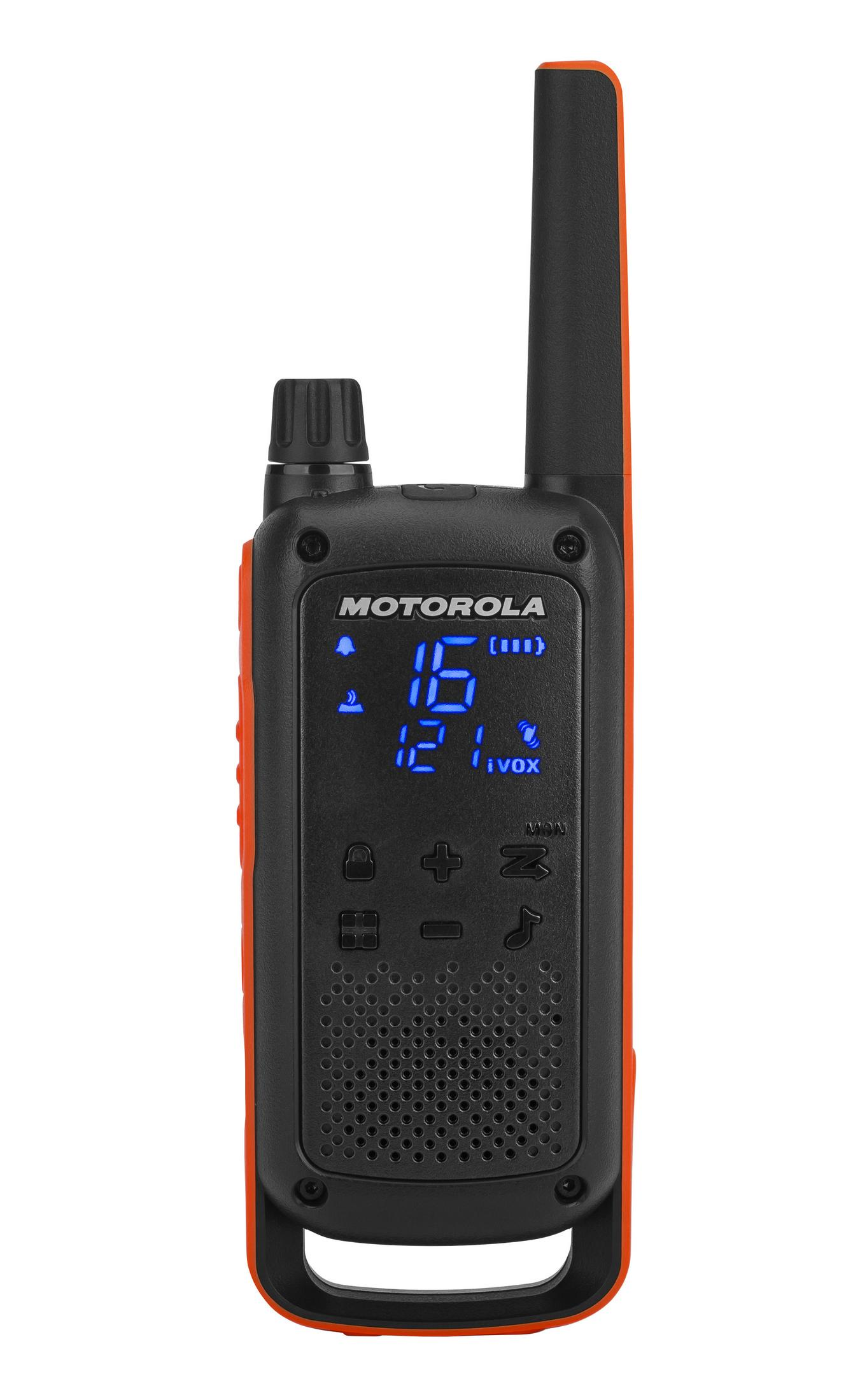 Schwarz-oranges Motorola Walkie-Talkie. Es hat einen Bildschirm und mehrere Tasten.
