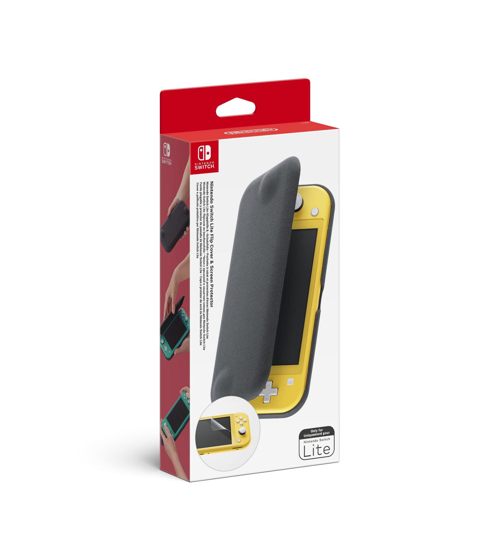 Funda Nintendo Switch Lite en caja. Funda gris y consola amarilla.