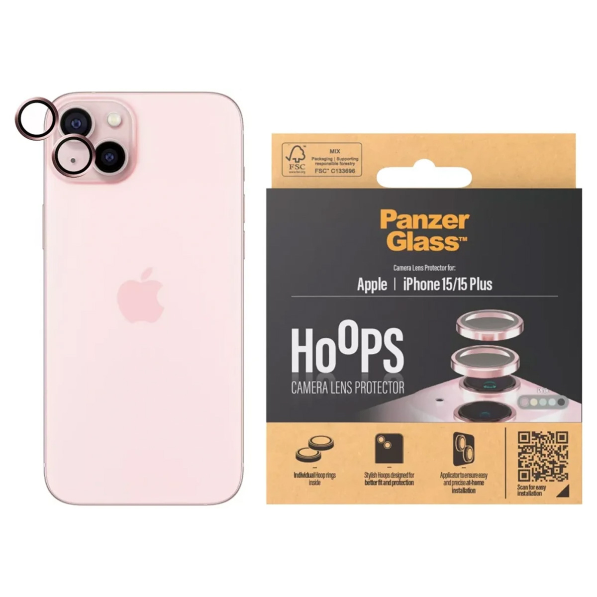 PanzerGlass Camera Lens Protector verpakking met een roze iPhone en drie lensbeschermers. Witte achtergrond.