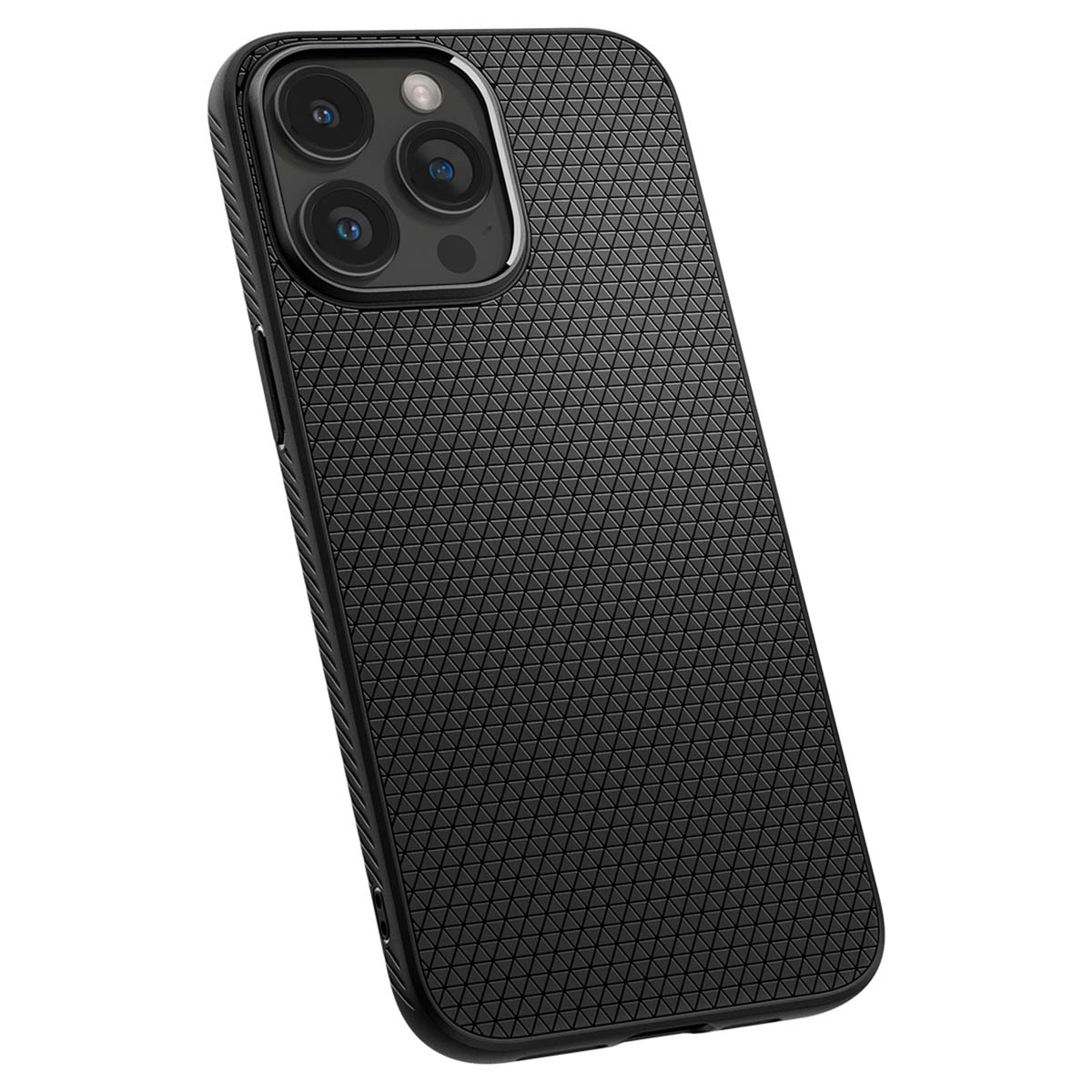 Custodia per telefono nera con un design strutturato. La custodia ha un motivo di piccoli triangoli.