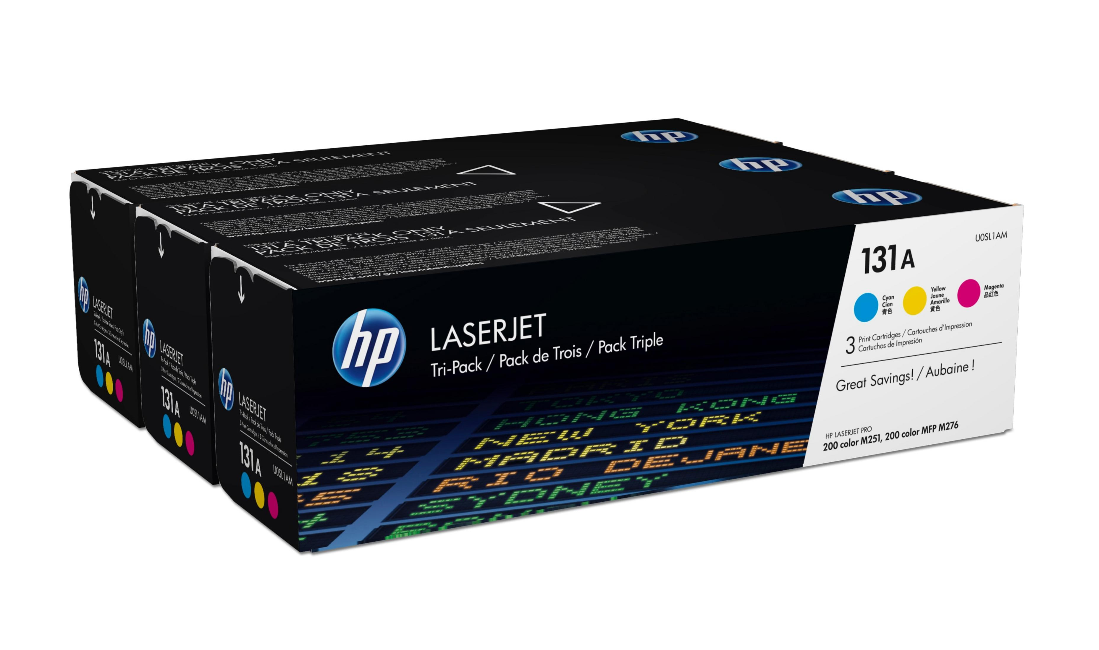 Scatola HP LaserJet Tri-Pack con tre cartucce per stampante, con identificatori di colore e testo.