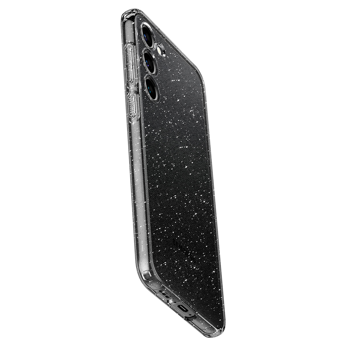 Coque de téléphone transparente avec motif moucheté noir. Boutons latéraux visibles. Vue en angle.