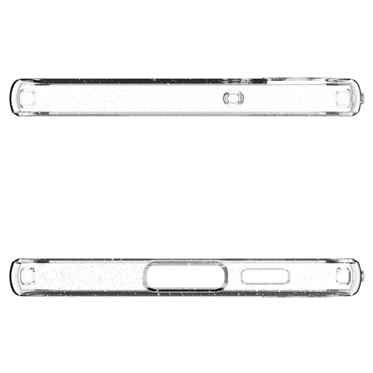 Coque de téléphone transparente, vues de dessus et de dessous. Il y a des découpes pour les boutons et le port de charge.