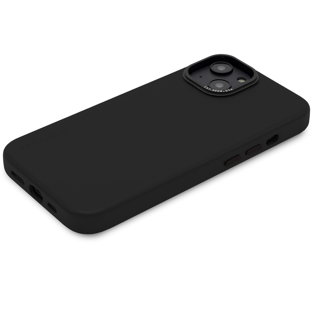 Una custodia nera per telefono con ritaglio per la fotocamera. La custodia copre la parte posteriore e i lati del telefono.