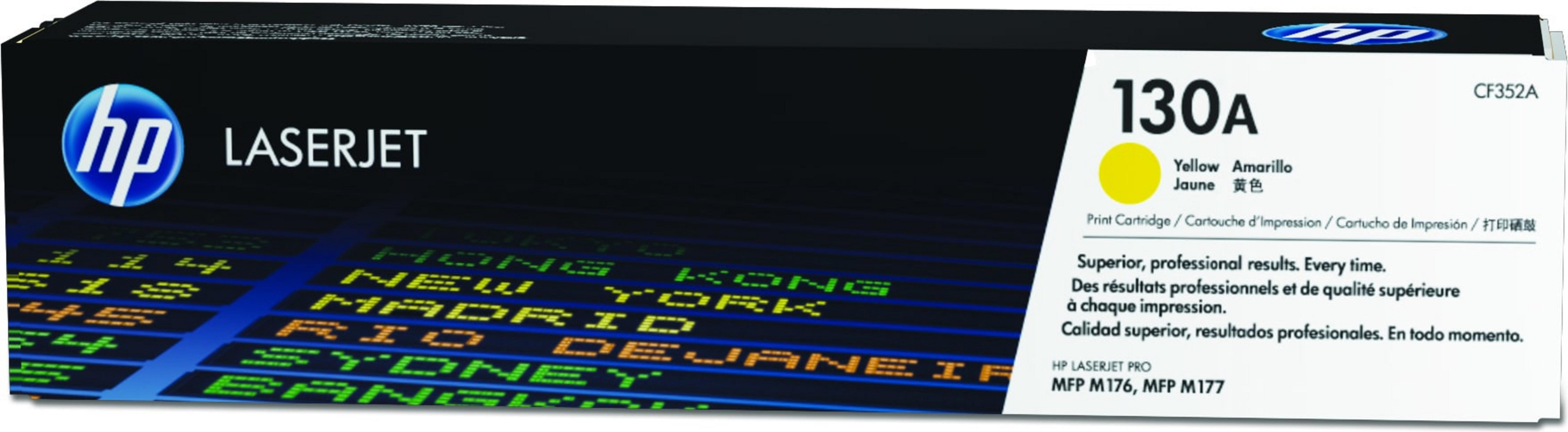 HP LaserJet 130A gele tonercartridge doos. De doos heeft een gele toner afbeelding. De achtergrond is zwart.