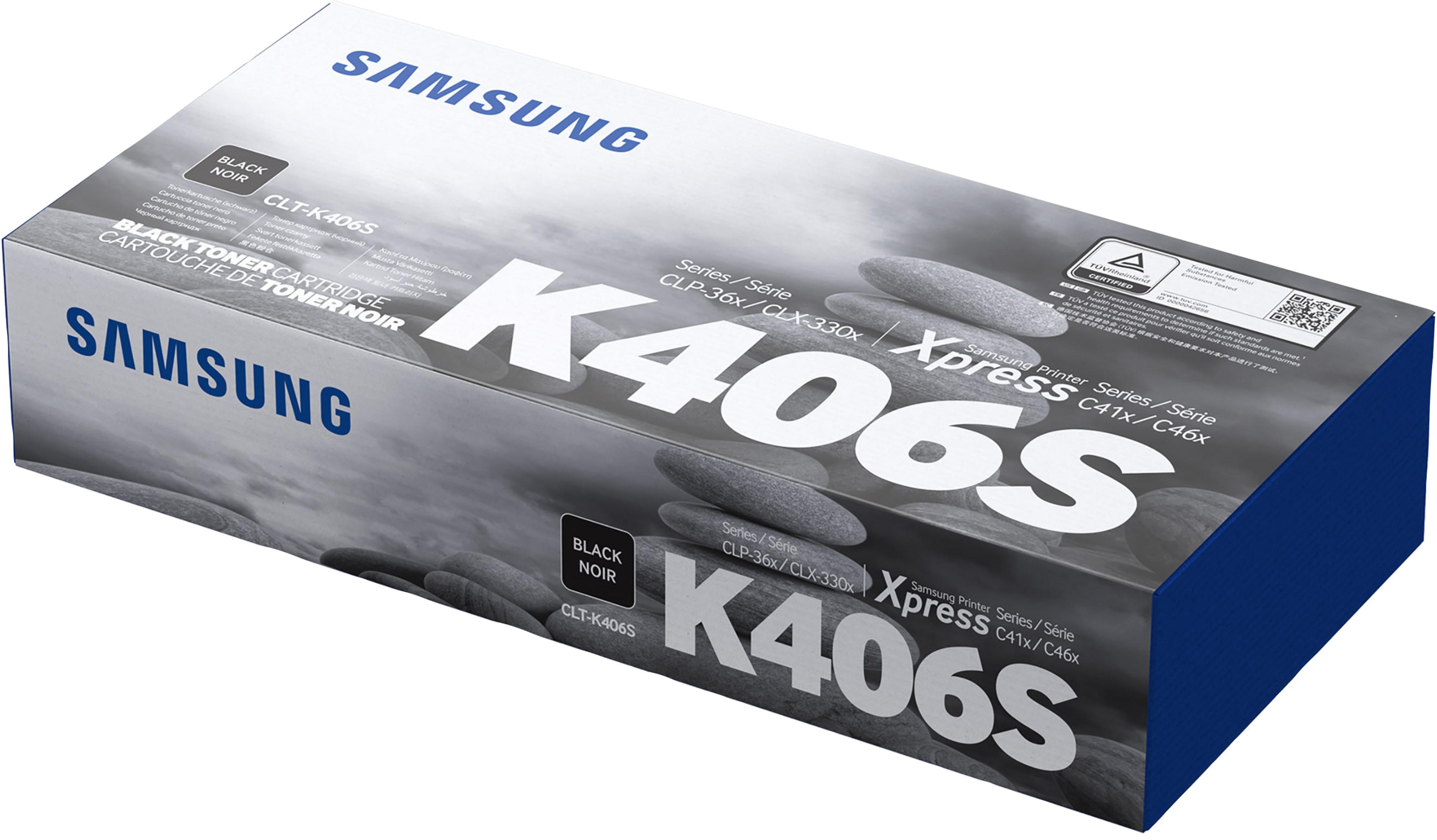 Scatola di toner Samsung CLT-K406S nero con pietre e logo di certificazione.