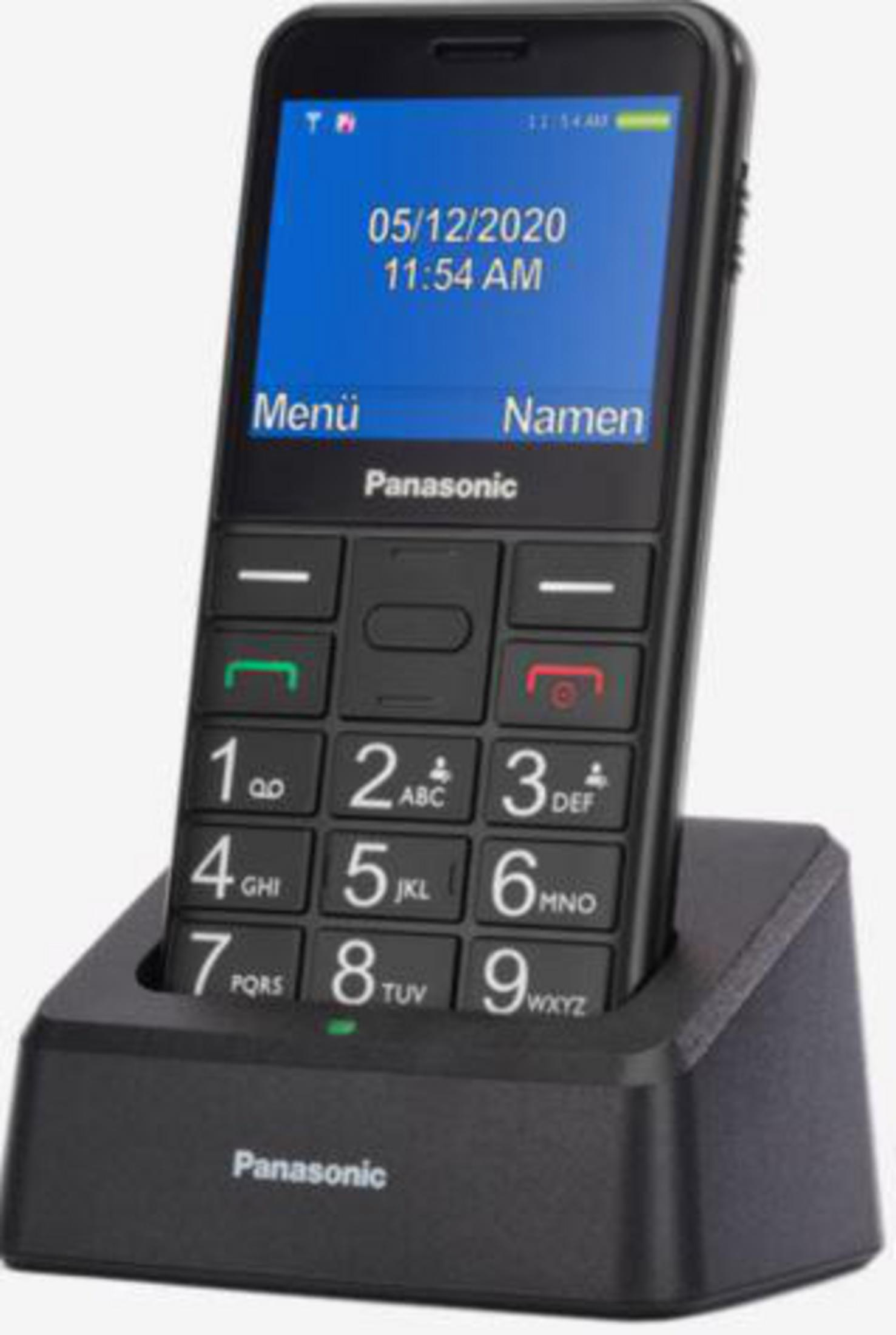 Czarny telefon Panasonic na stacji ładującej, z wyświetlaczem daty.