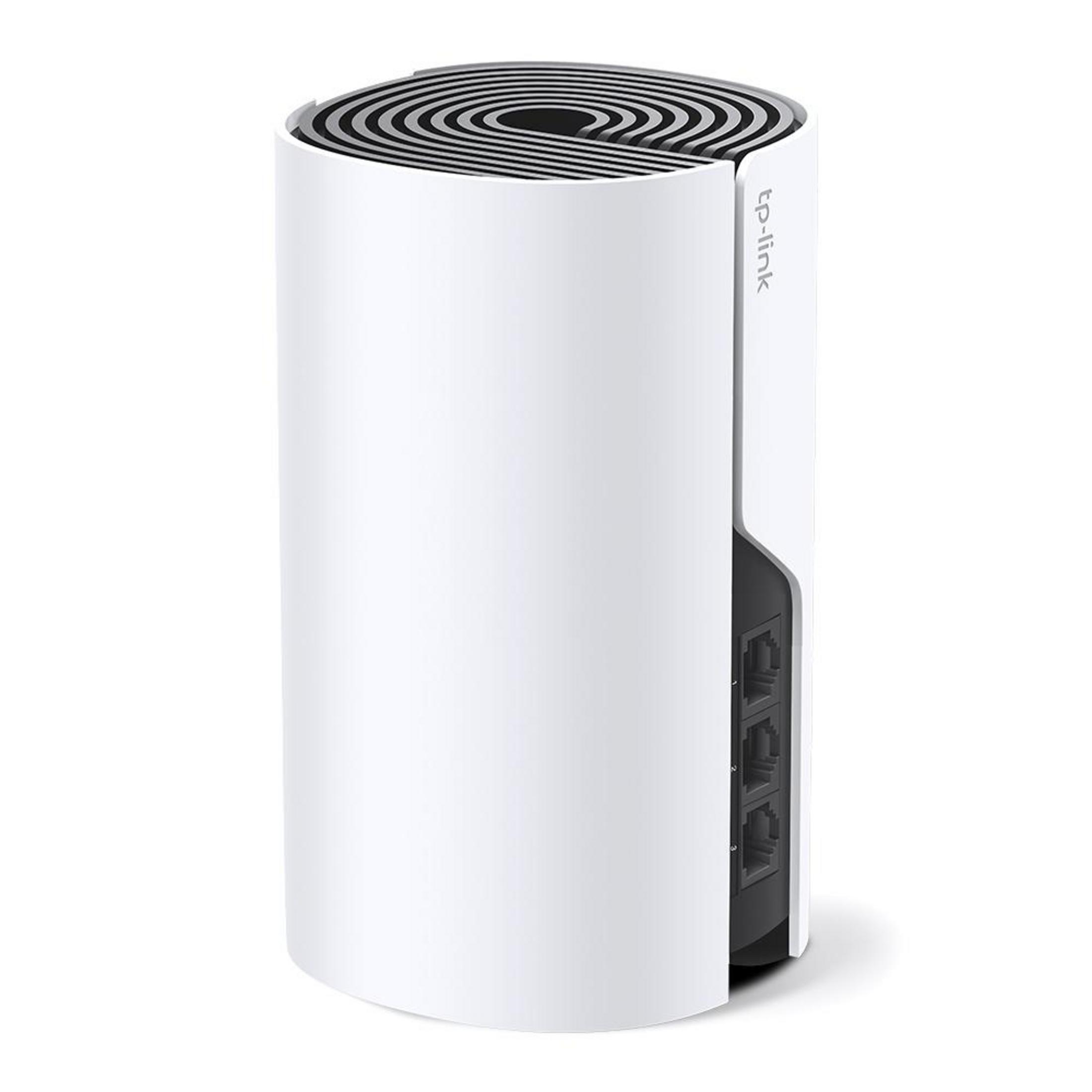 Cylindryczny, biały router smart home z czarną górą i portami.