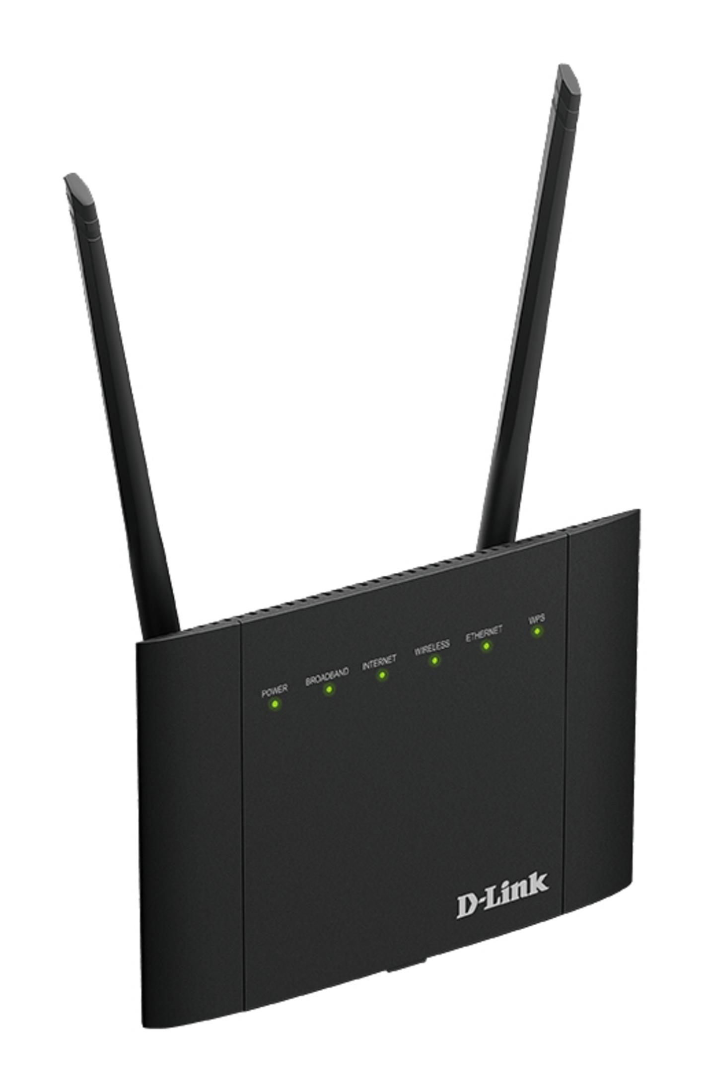 Router D-Link negro con dos antenas. Cinco luces verdes en el frente.