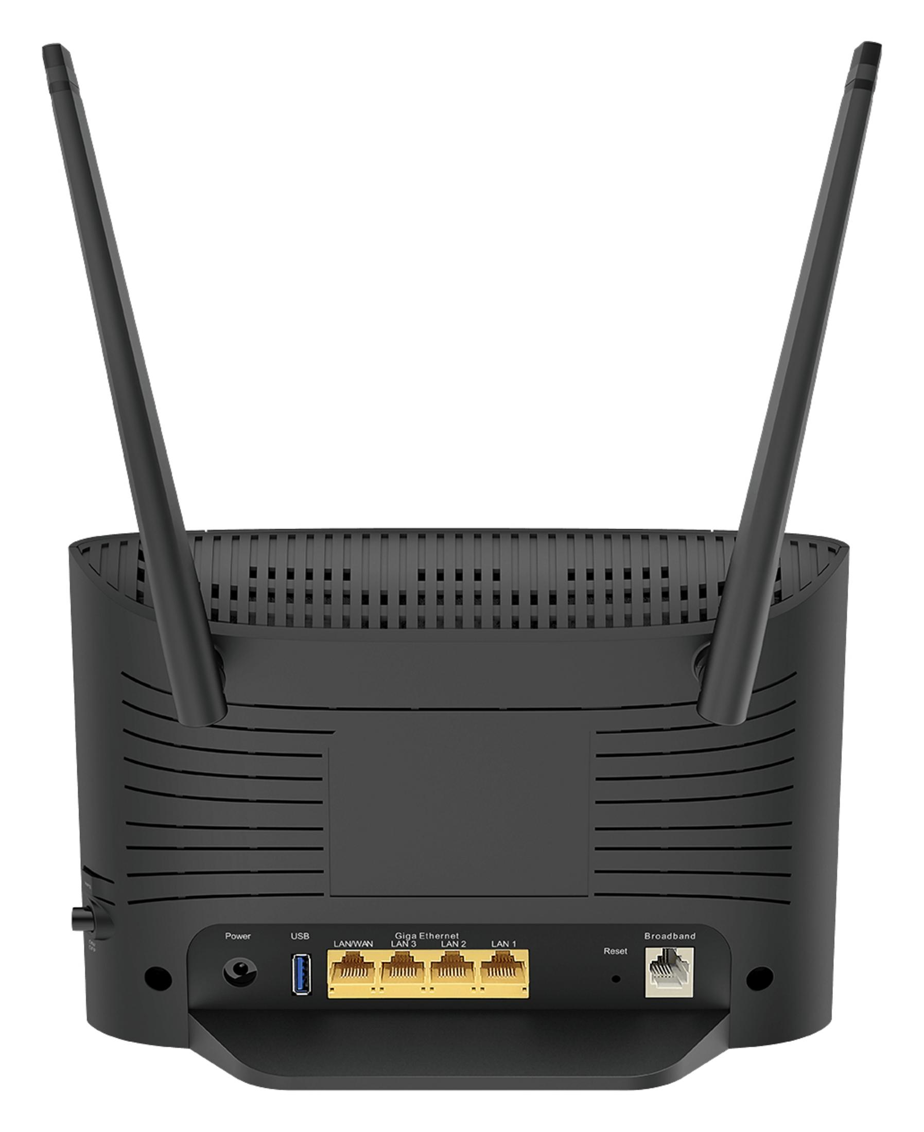 Router negro con dos antenas, puertos USB, LAN y conexiones de banda ancha sobre fondo blanco.