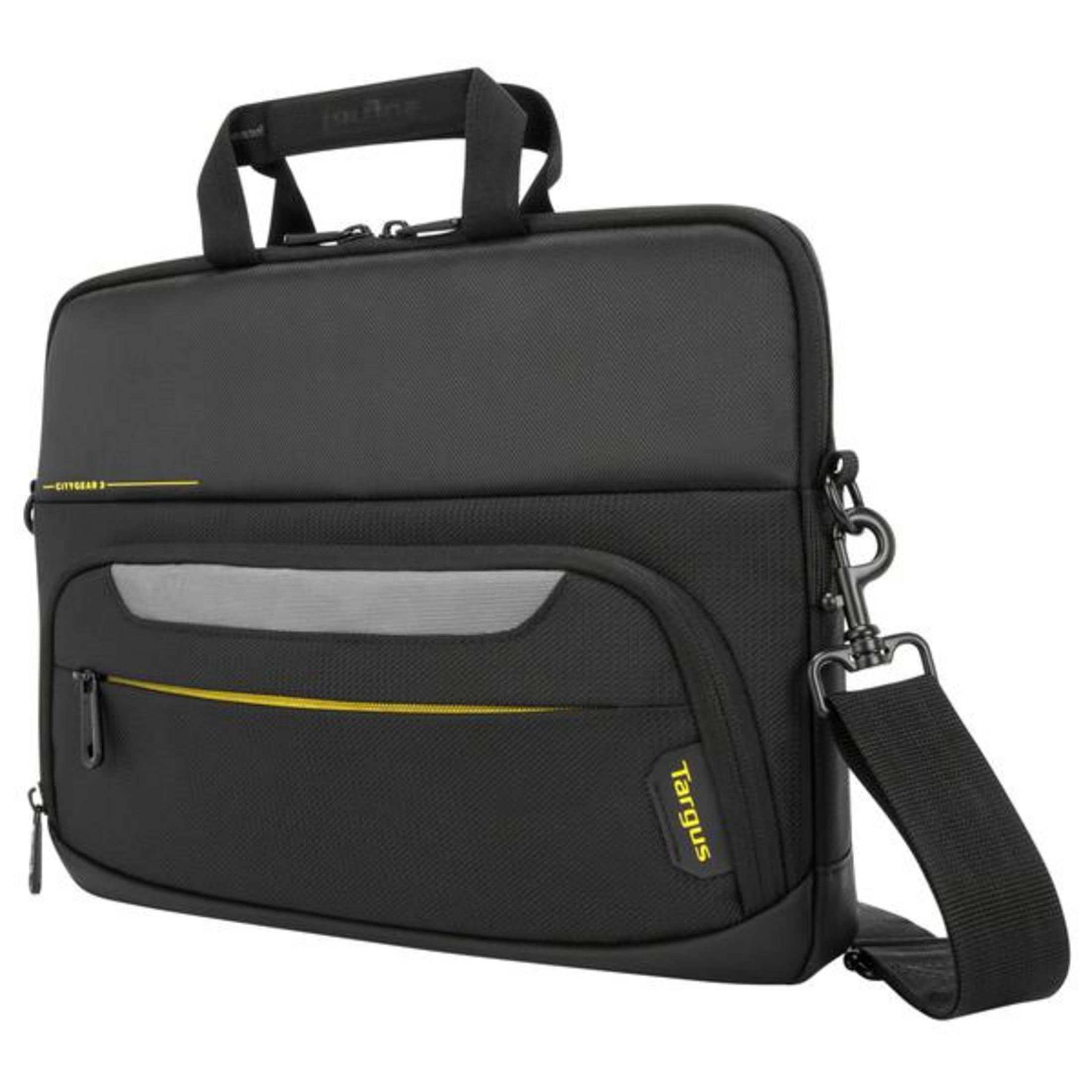 Borsa per laptop Targus nera con dettagli gialli e tracolla. Maniglia in alto.
