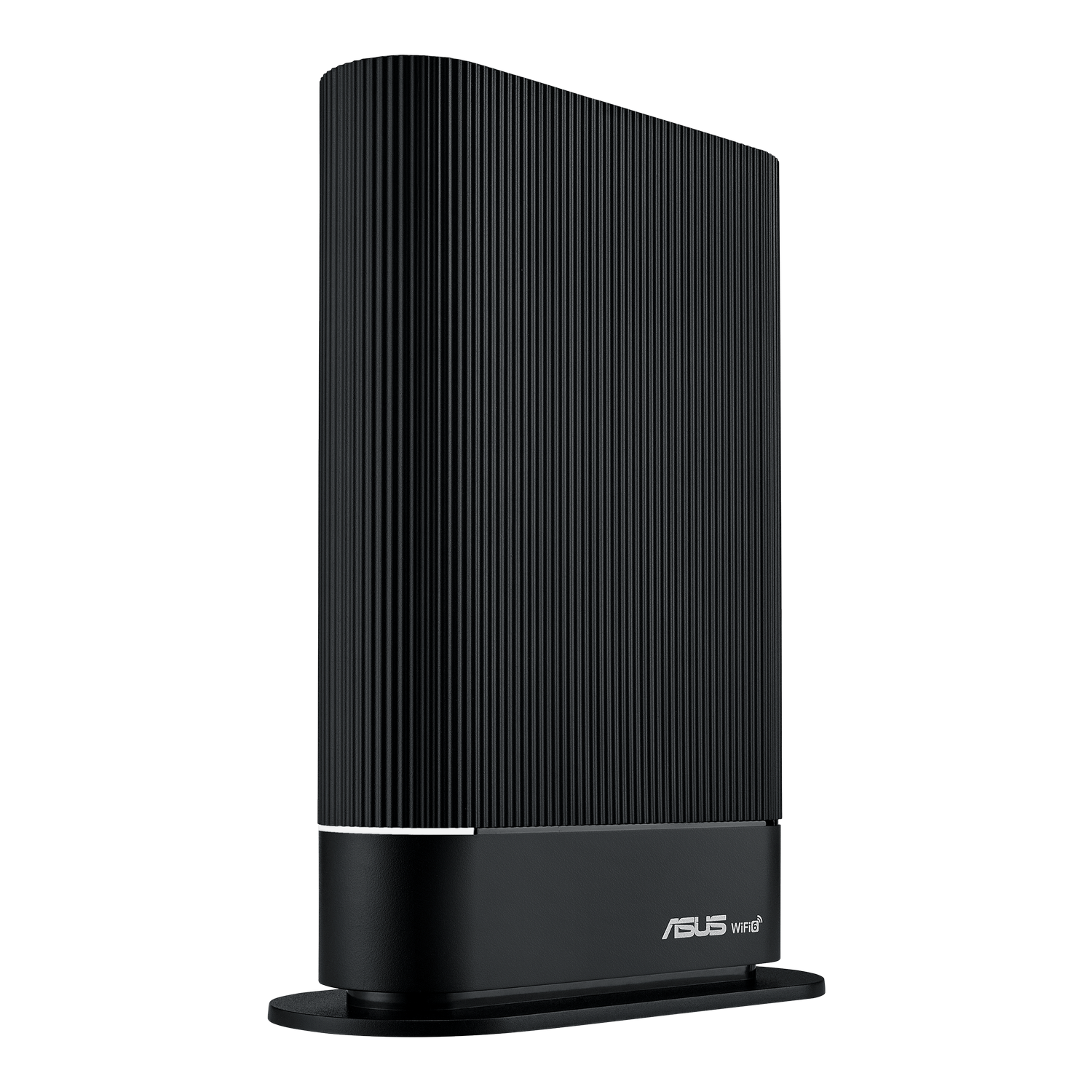 Czarny router z pionową, żebrowaną konstrukcją. Podstawa ma białe logo ASUS.