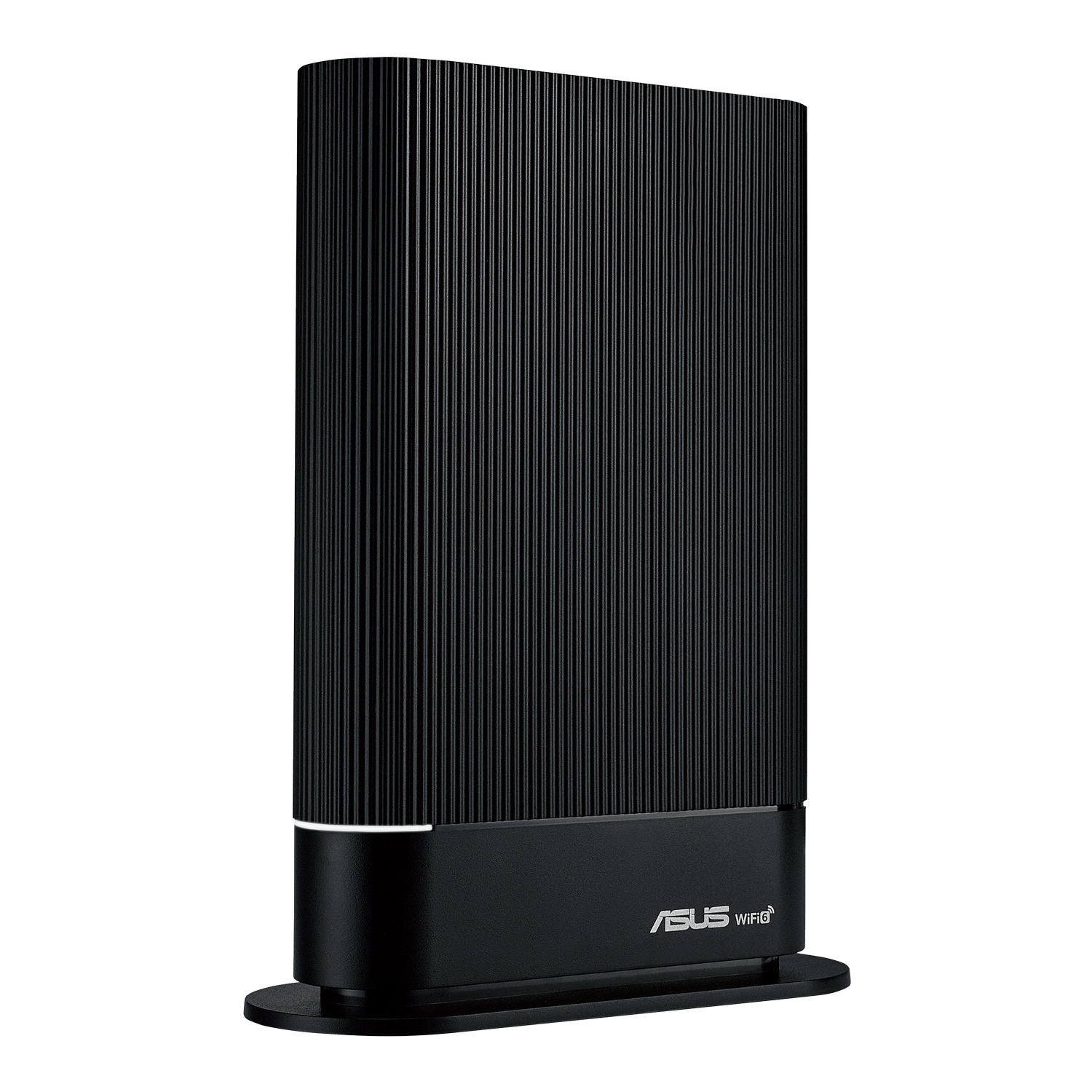 Czarny router pionowy z pionowymi liniami. Podstawa czarna, z logo ASUS Wi-Fi.