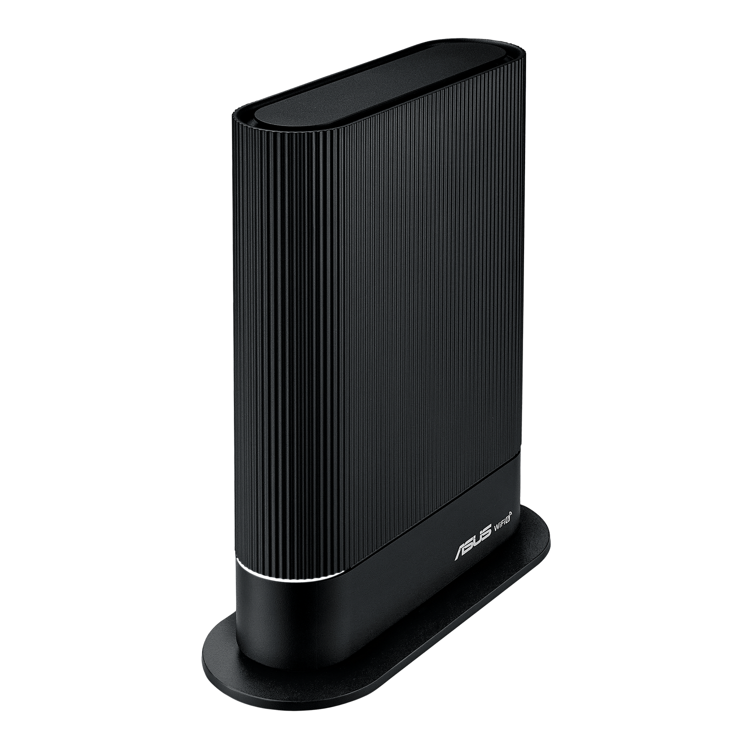 Czarny router ASUS WiFi 6 stojący pionowo, ze smukłym, żebrowanym designem i białą podstawą.