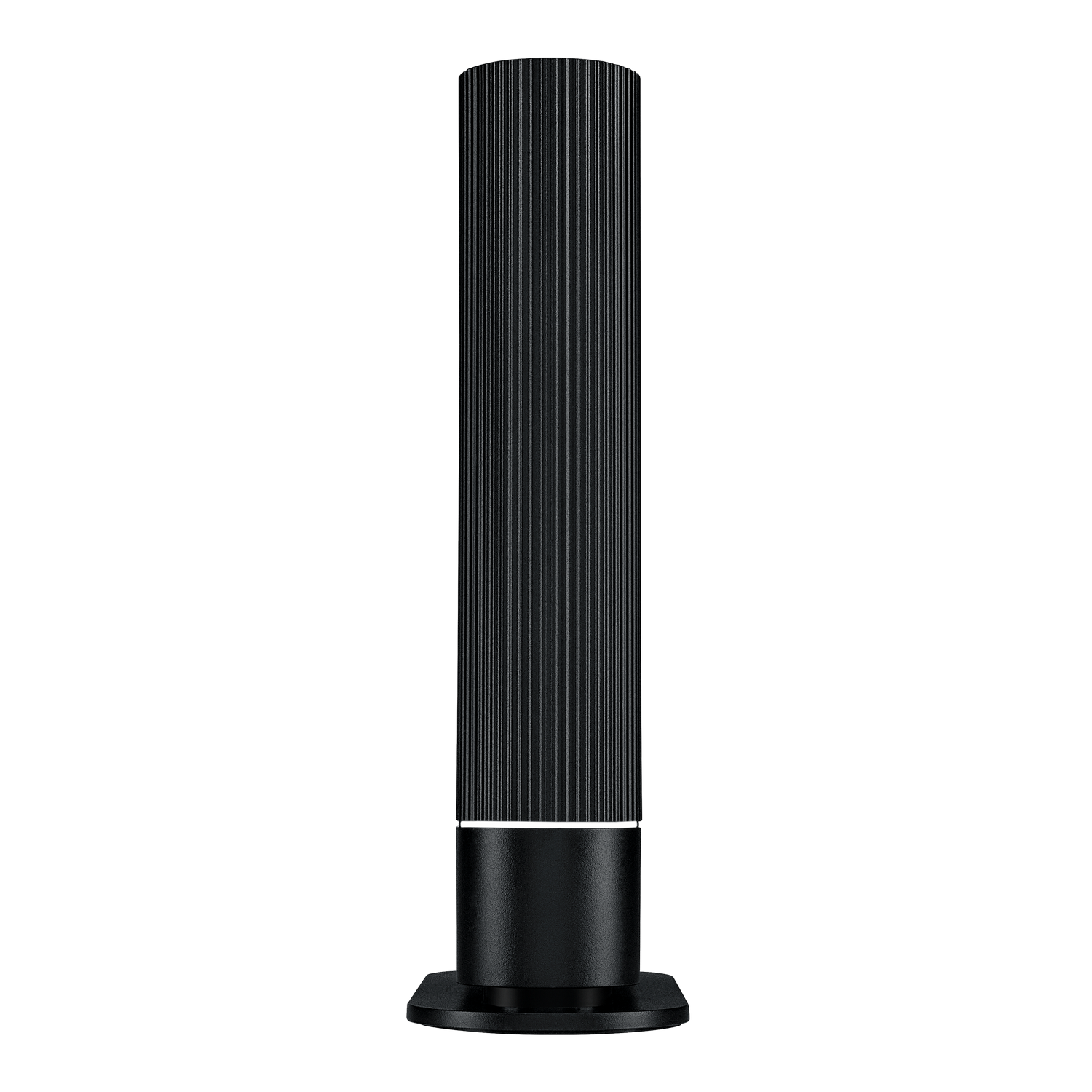 Czarny, pionowo żłobiony cylindryczny obiekt z białym światłem podstawy.