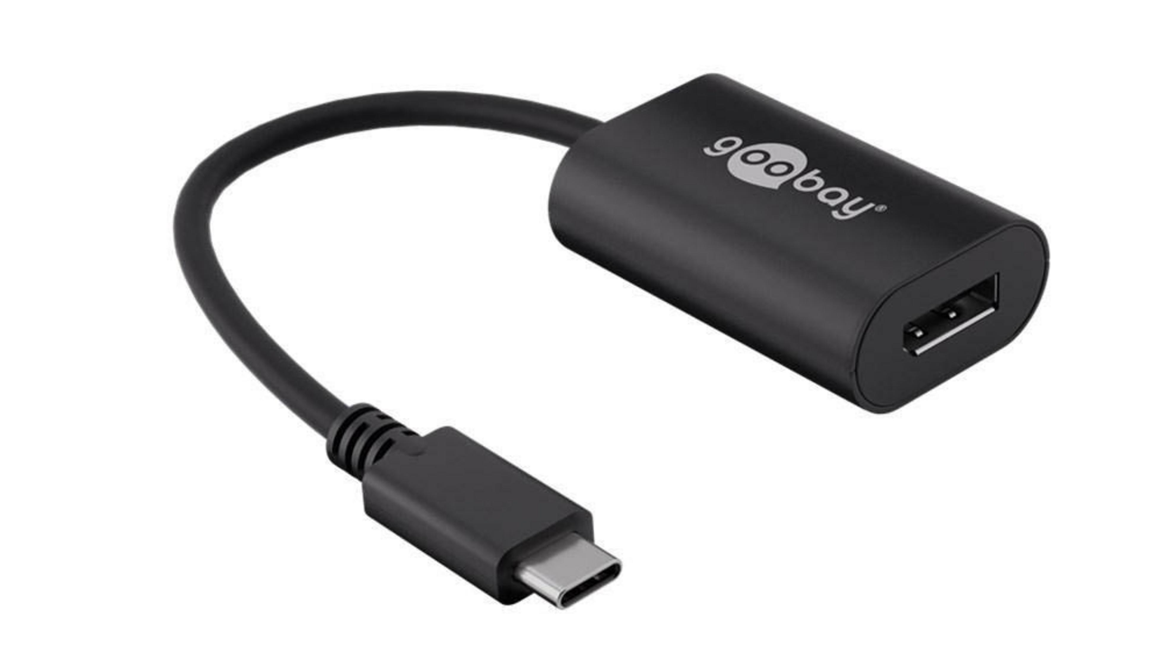 Schwarzer USB-C-Adapter von Goobay. Schwarzes Kabel und USB-Anschluss. Goobay-Logo sichtbar.