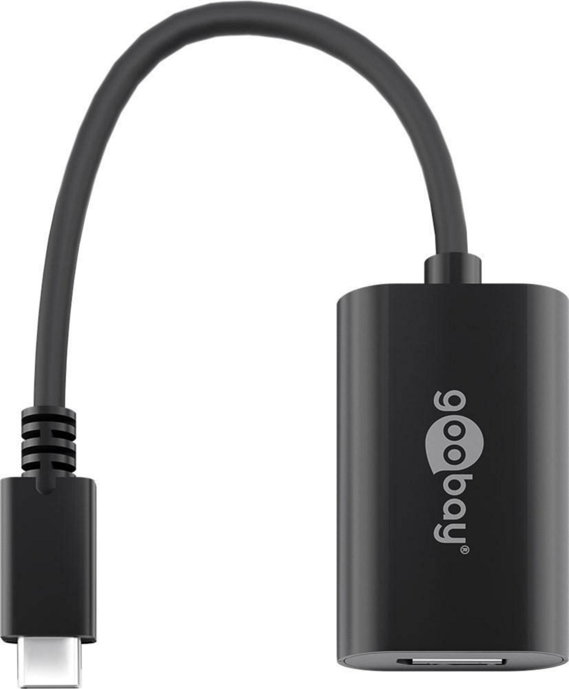 Schwarzes USB-C-zu-USB-Adapterkabel. Das Kabel ist gebogen. Weißer Hintergrund.