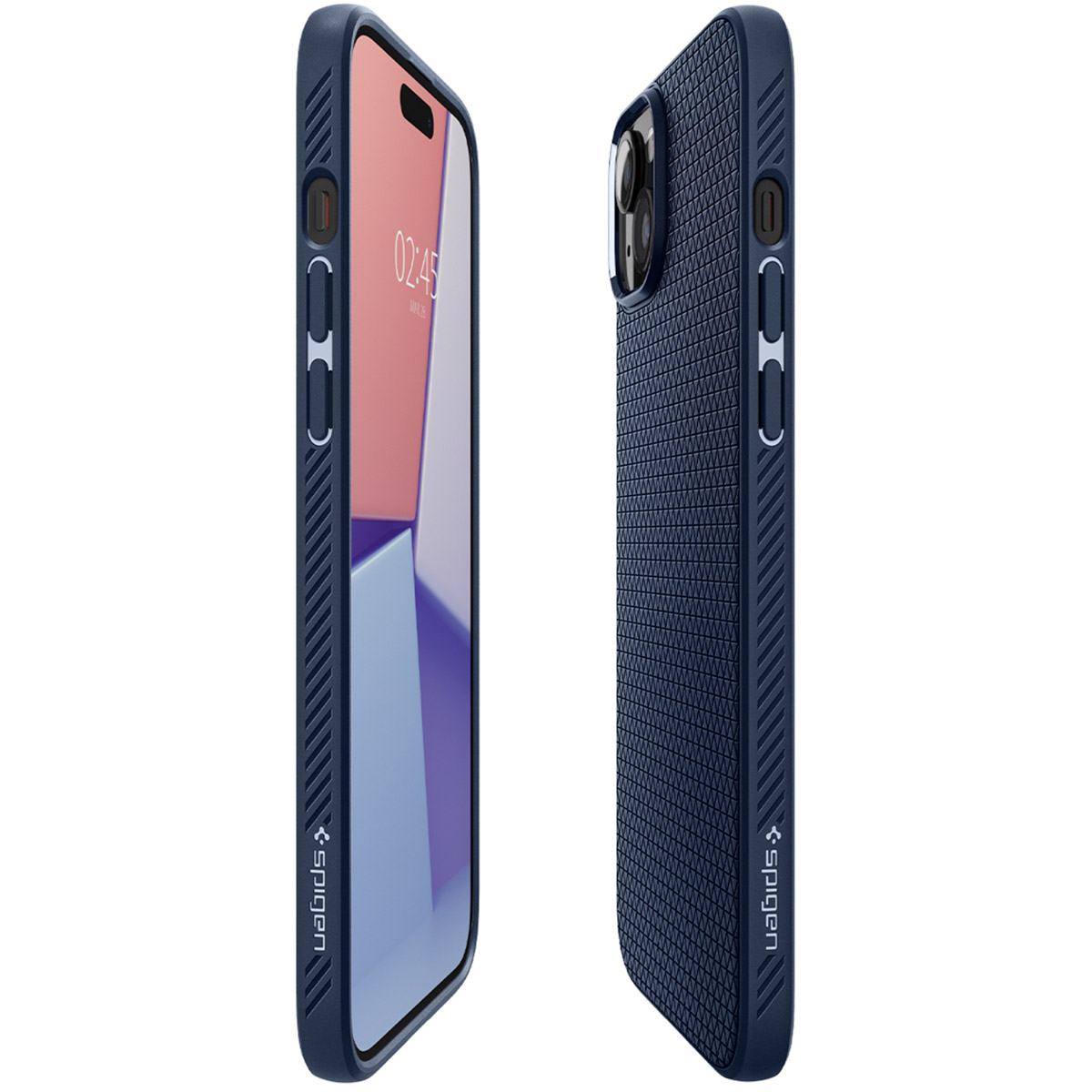 Two navy blue phone cases, one showing the screen, the other showing the back, textured with Spigen logo.