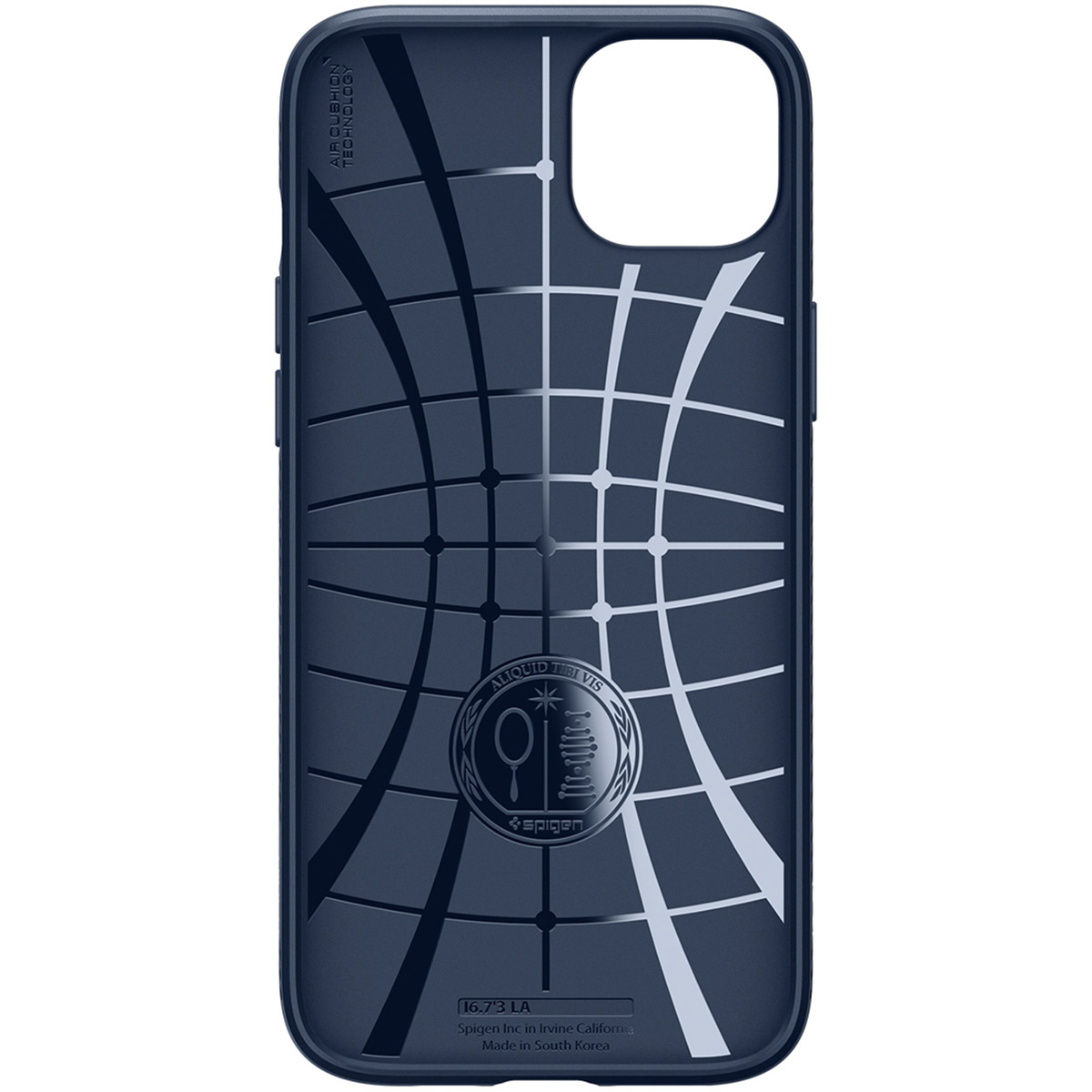 Dark blue phone case with white geometric design. The inside of the case has a logo.