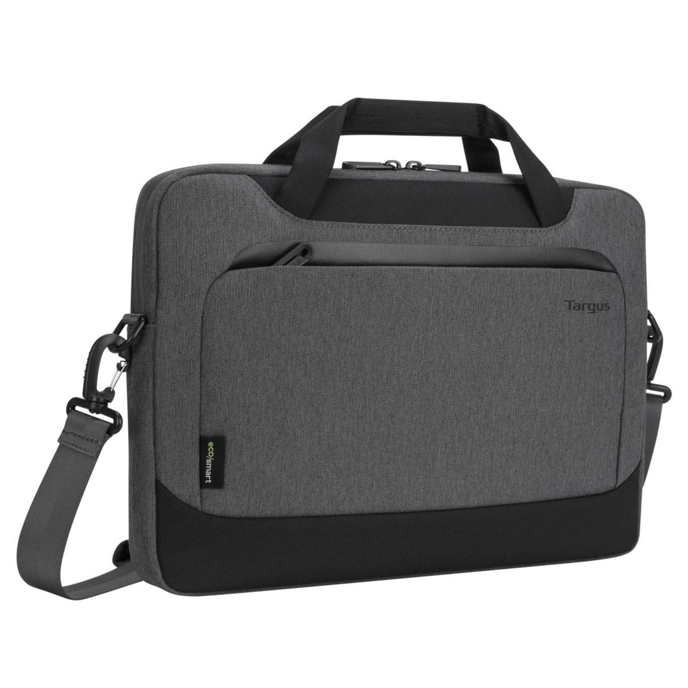Eine graue Targus Laptoptasche mit schwarzem Griff und Schulterriemen, eine kleinere schwarze Tasche.