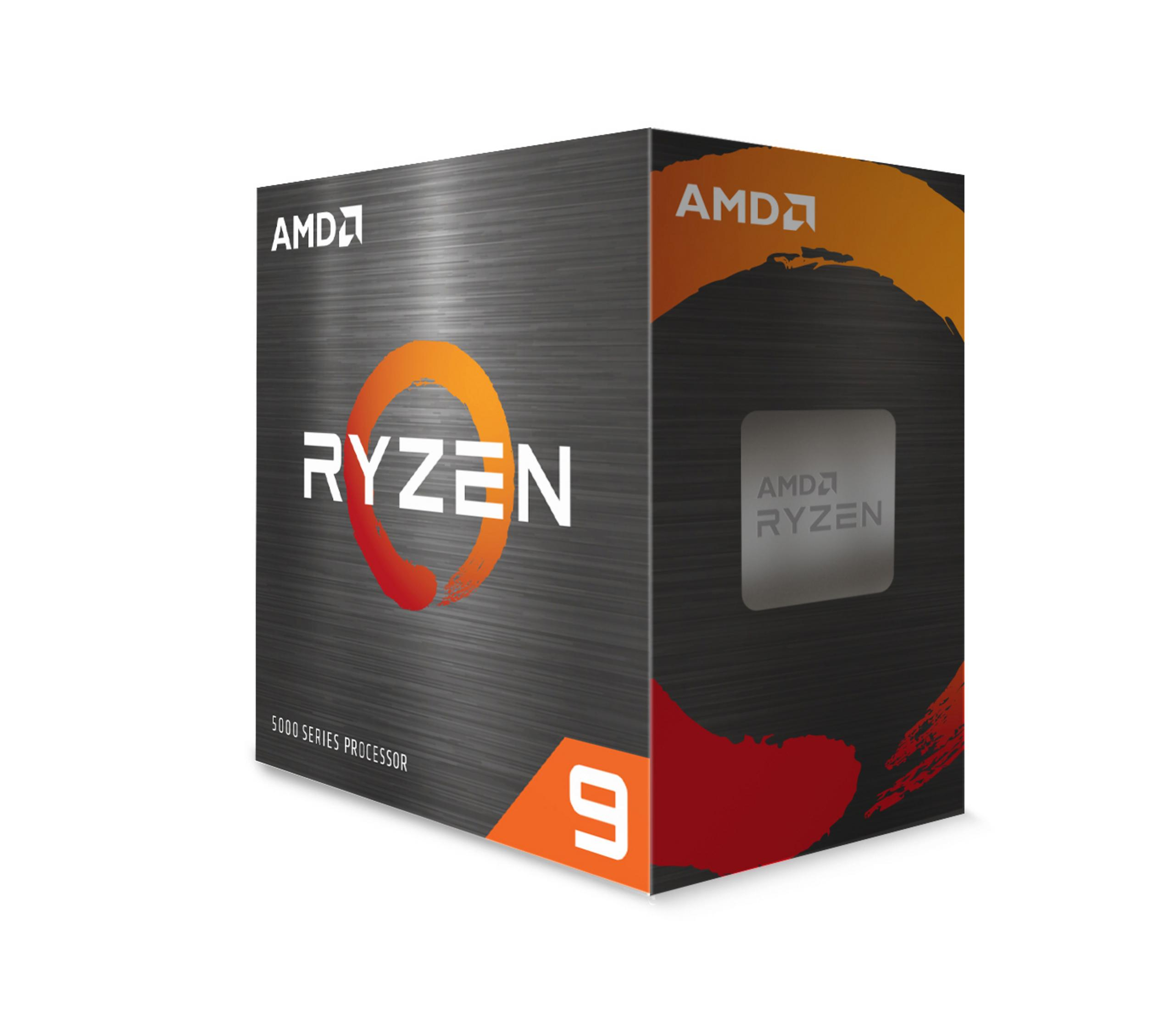 Eine Schachtel mit AMD Ryzen 9 5000 Series Prozessor. Orange und gelbe Farbe auf der Schachtel.