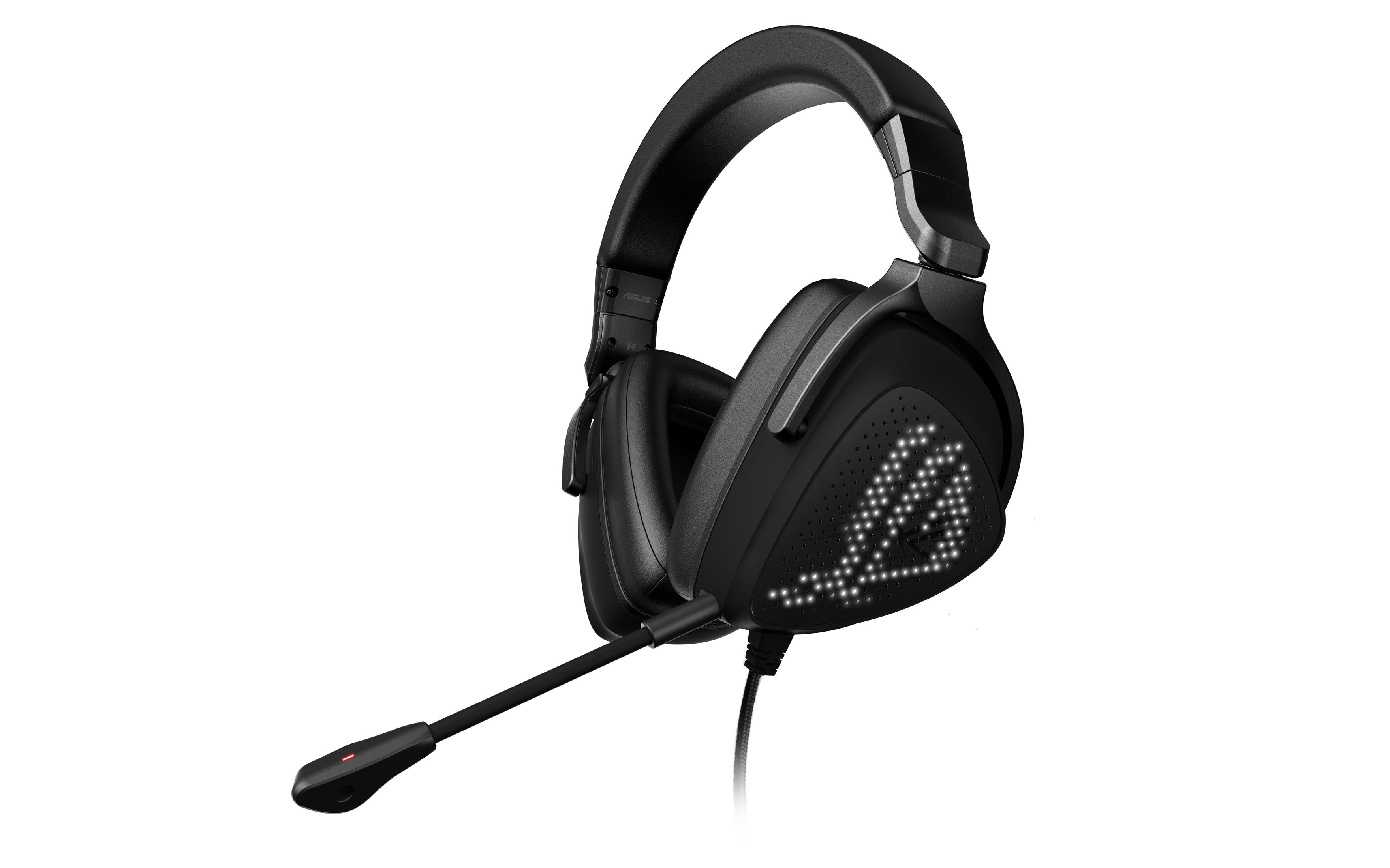 Cuffie da gioco nere con microfono. Sfondo bianco.